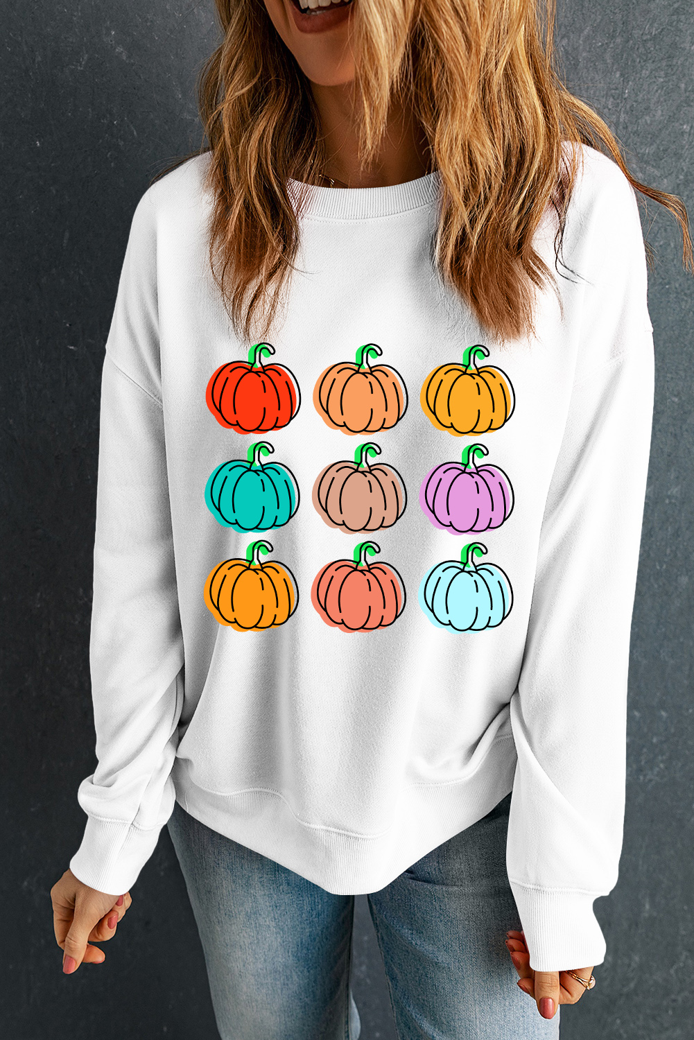 Casual Long Sleeve Crew Neck Sweatshirt - Beige with Pumpkin Print - Detail View 12 Casual Long Sleeve Crew Neck Sweatshirt - Beige with Pumpkin Print - Detail View 12