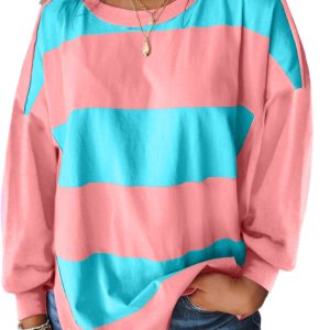 Women's Light Blue Colorblock Striped Drop Shoulder Long Sleeve Top - Main View