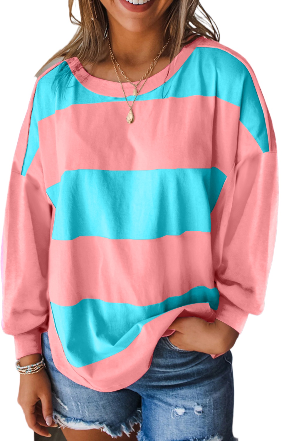 Women's Light Blue Colorblock Striped Drop Shoulder Long Sleeve Top - Main View Women's Light Blue Colorblock Striped Drop Shoulder Long Sleeve Top - Main View