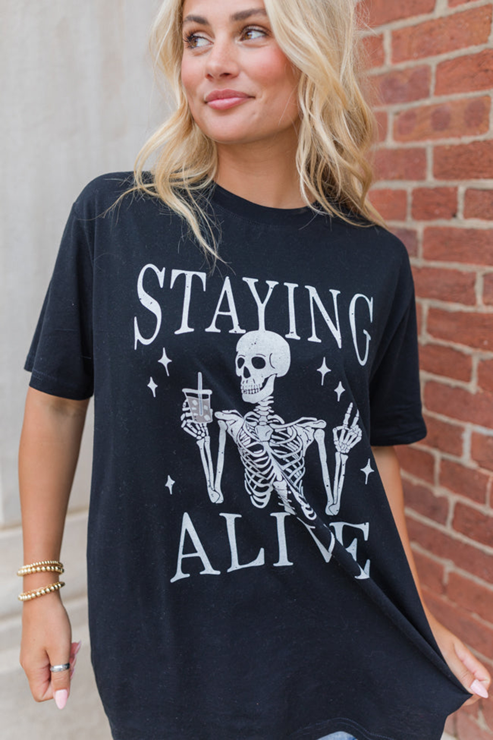 Women's Black STAYING ALIVE Funny Skeleton Print Round Neck T-Shirt - Detail View 6 Women's Black STAYING ALIVE Funny Skeleton Print Round Neck T-Shirt - Detail View 6