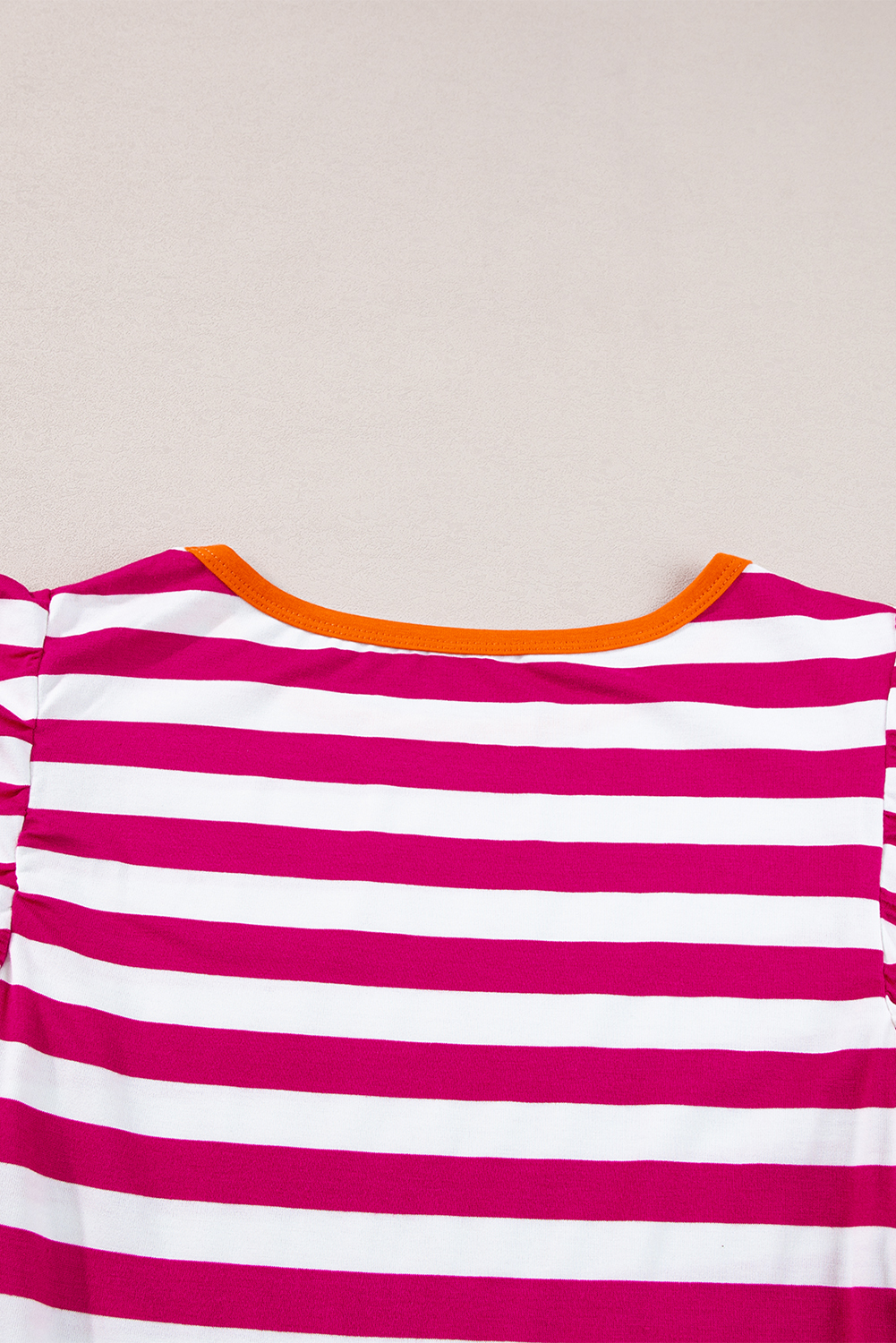 Women's Soft Rose Red Striped Ruffle Sleeve Crew Neck Blouse - Detail View 11 Women's Soft Rose Red Striped Ruffle Sleeve Crew Neck Blouse - Detail View 11
