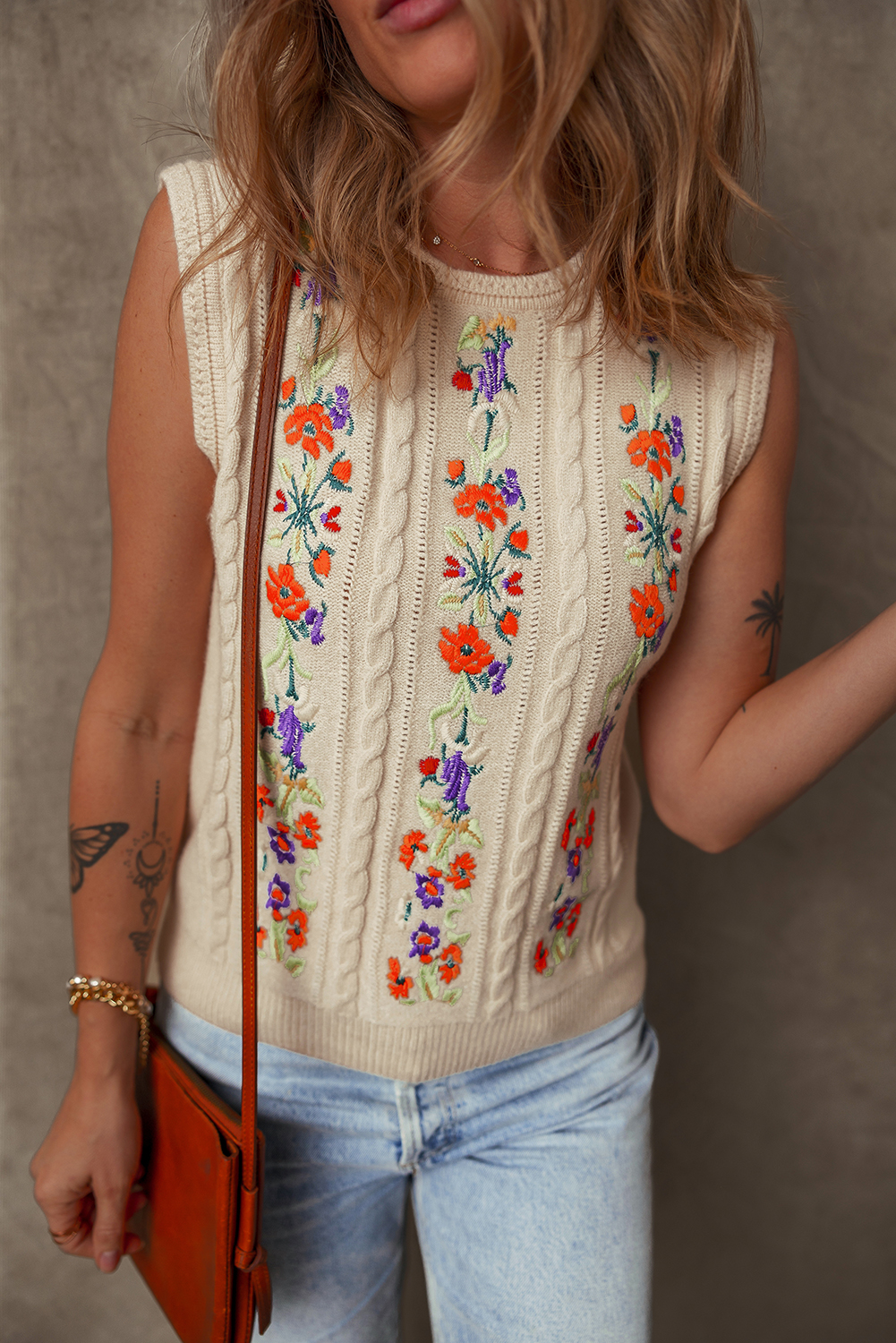 Women's Sweater Vest, Jet Stream, Floral Embroidery, Cable Knit, Sleeveless, Casual Layering, Cozy Style, Fall Fashion, Everyday Wear, Elegant Design, Classic Texture, Polished Look, Tops, Sweaters & Cardigans - Detail View 4 Women's Sweater Vest, Jet Stream, Floral Embroidery, Cable Knit, Sleeveless, Casual Layering, Cozy Style, Fall Fashion, Everyday Wear, Elegant Design, Classic Texture, Polished Look, Tops, Sweaters & Cardigans - Detail View 4