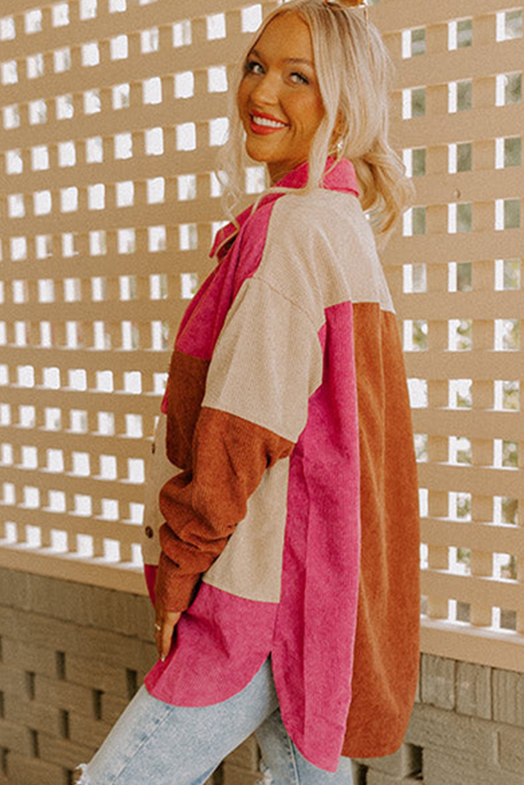 Stylish Long Sleeve Corduroy Shacket: Rose Red Colorblock Design - Detail View 2 Stylish Long Sleeve Corduroy Shacket: Rose Red Colorblock Design - Detail View 2