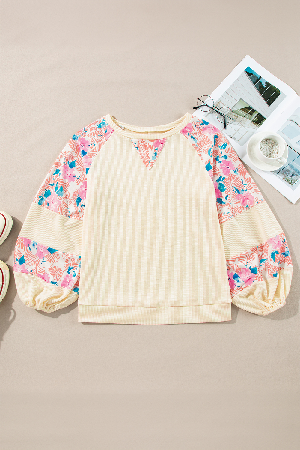 Women's Apricot Textured Floral Patchwork Balloon Sleeve Blouse - Detail View 6 Women's Apricot Textured Floral Patchwork Balloon Sleeve Blouse - Detail View 6