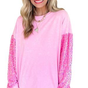 Women's Pink Sequin Sleeve Top, Casual Round Neck Pullover - Main View