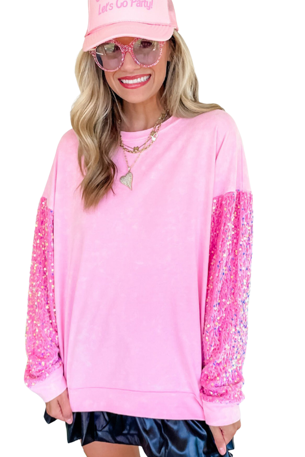 Women's Pink Sequin Sleeve Top, Casual Round Neck Pullover - Main View Women's Pink Sequin Sleeve Top, Casual Round Neck Pullover - Main View