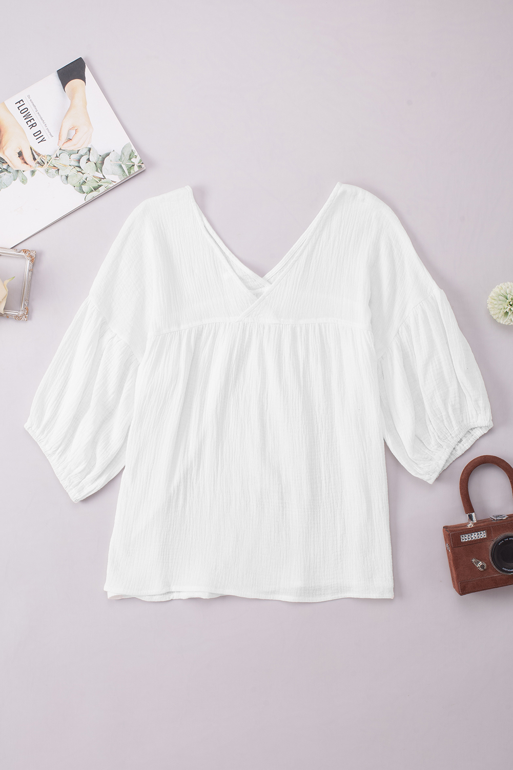 Women's V Neck Blouse, Textured Cotton Three Quarter Sleeve - Detail View 7 Women's V Neck Blouse, Textured Cotton Three Quarter Sleeve - Detail View 7