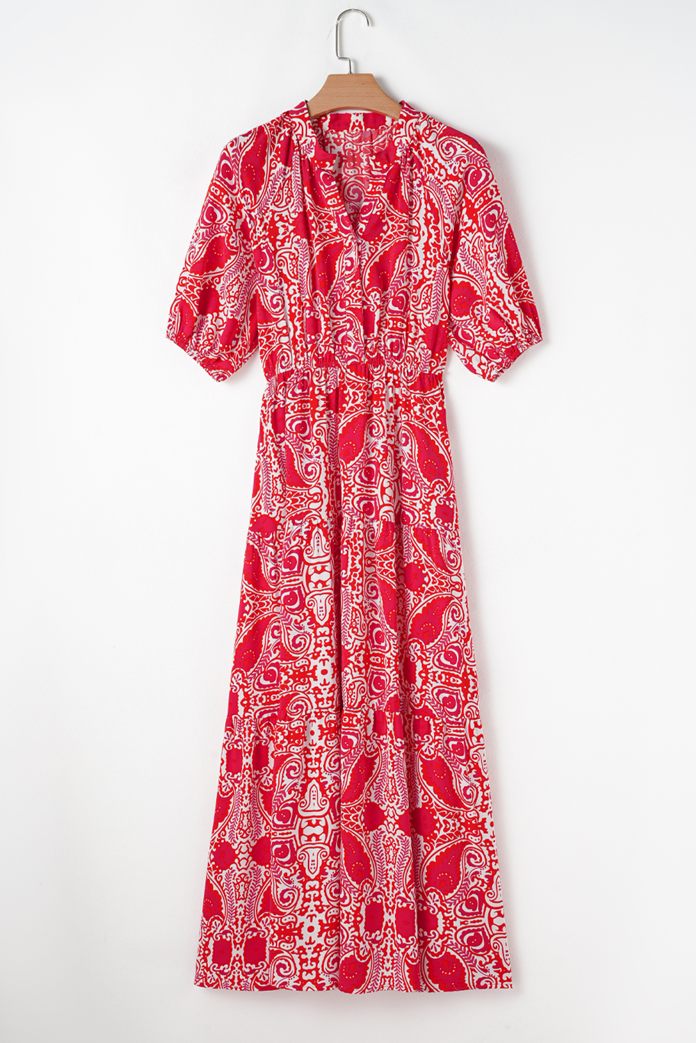 Vintage-Inspired Red Paisley Maxi Dress for Summer Vacations and Special Occasions - Detail View 7 Vintage-Inspired Red Paisley Maxi Dress for Summer Vacations and Special Occasions - Detail View 7