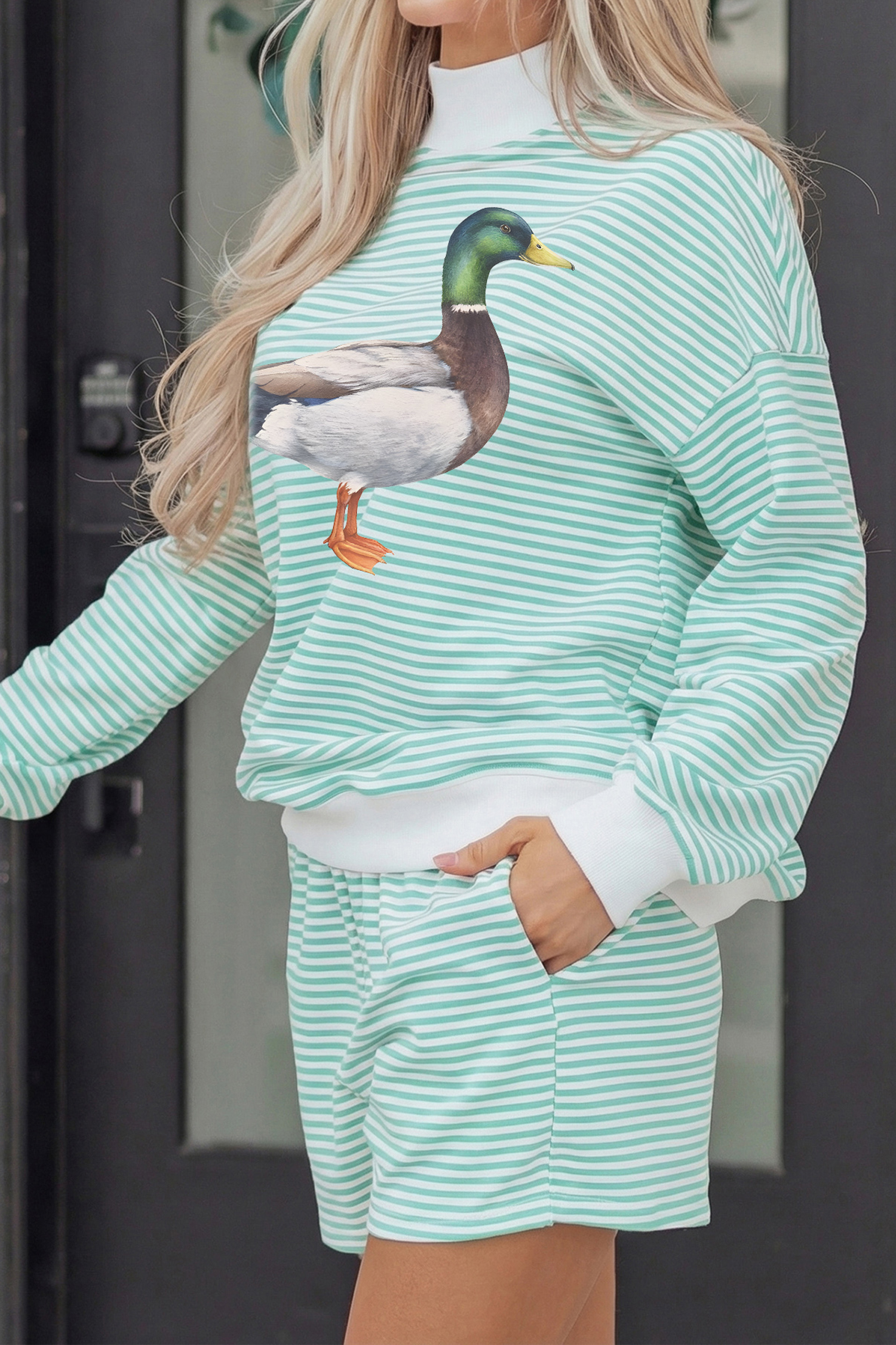 Casual Striped Mallard Print Set, Women's Mock Neck Outfit - Detail View 5 Casual Striped Mallard Print Set, Women's Mock Neck Outfit - Detail View 5