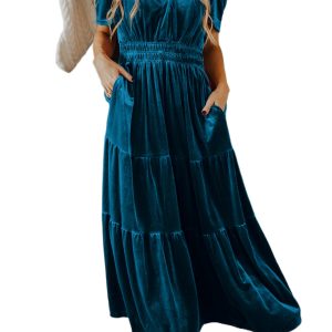 Women's Prussian Blue Velvet Short Sleeve Shirred Waist Tiered Maxi Dress - Elegant Boho Style - Main View