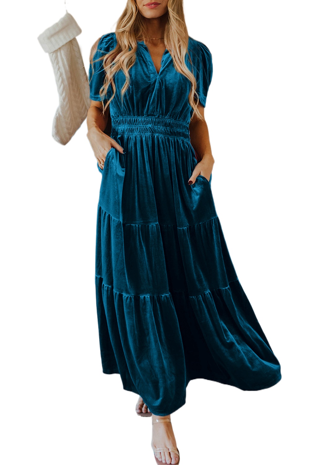 Women's Prussian Blue Velvet Short Sleeve Shirred Waist Tiered Maxi Dress - Elegant Boho Style - Main View Women's Prussian Blue Velvet Short Sleeve Shirred Waist Tiered Maxi Dress - Elegant Boho Style - Main View