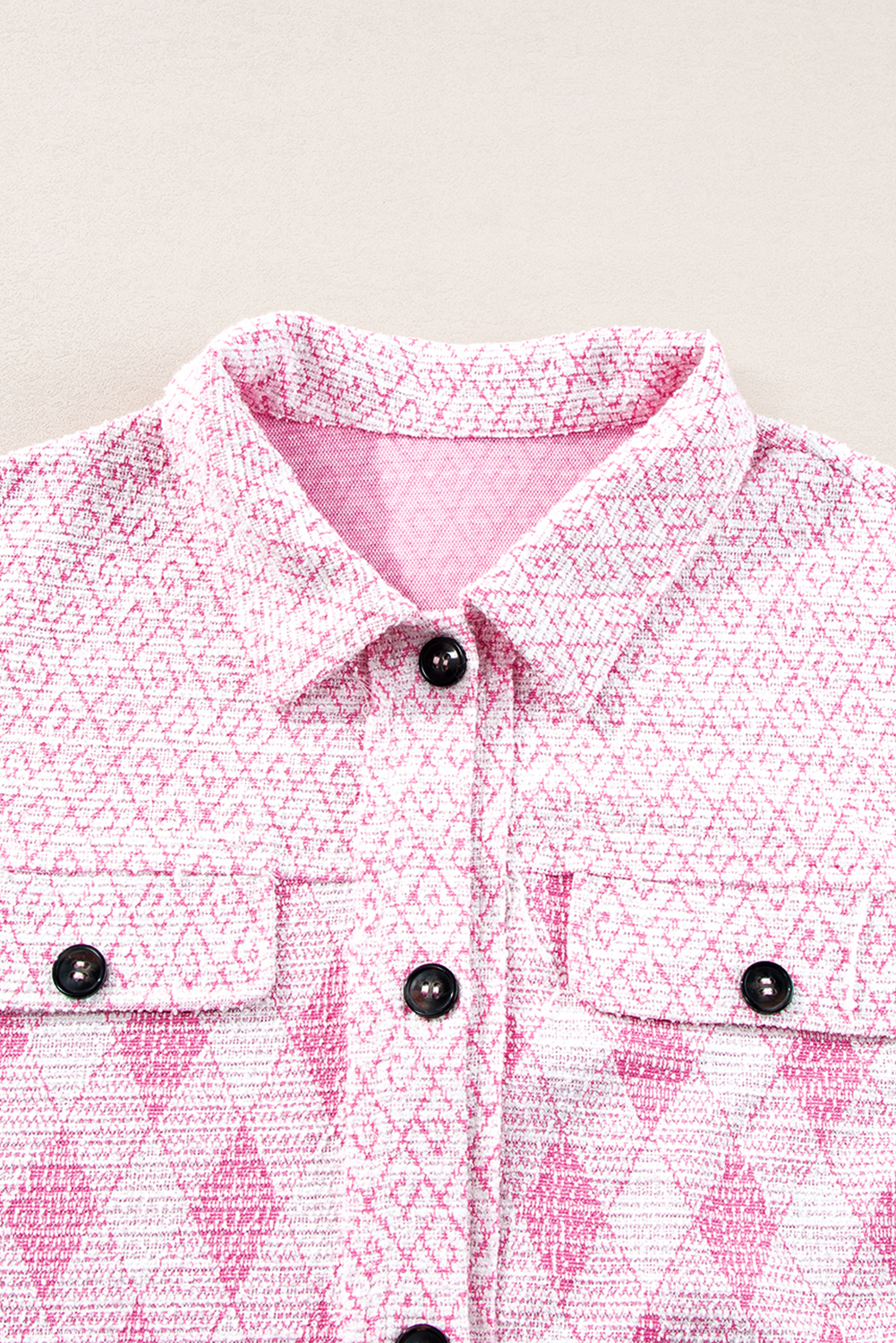 Women's Shacket, Geometric Print, Textured, Pink, Chest Pocket, Casual Style, Spring Outerwear, Checkered Pattern, Button Closure, Chic and Casual, Premium Material, Versatile, Daily Wear, Jackets, Outerwear - Detail View 15 Women's Shacket, Geometric Print, Textured, Pink, Chest Pocket, Casual Style, Spring Outerwear, Checkered Pattern, Button Closure, Chic and Casual, Premium Material, Versatile, Daily Wear, Jackets, Outerwear - Detail View 15