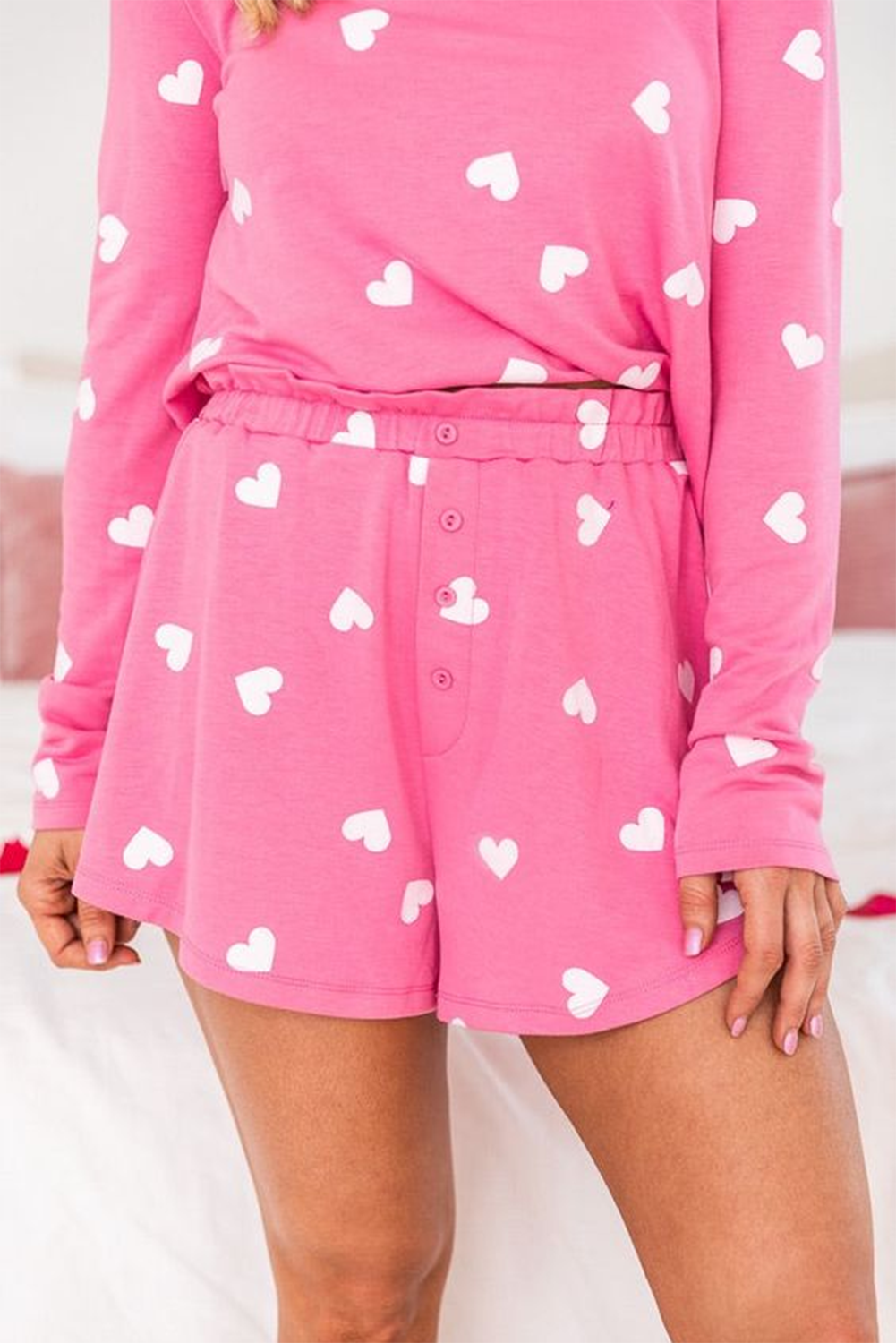 Women's Two Piece Lounge Set, Soft Long Sleeve Heart Print - Detail View 3 Women's Two Piece Lounge Set, Soft Long Sleeve Heart Print - Detail View 3