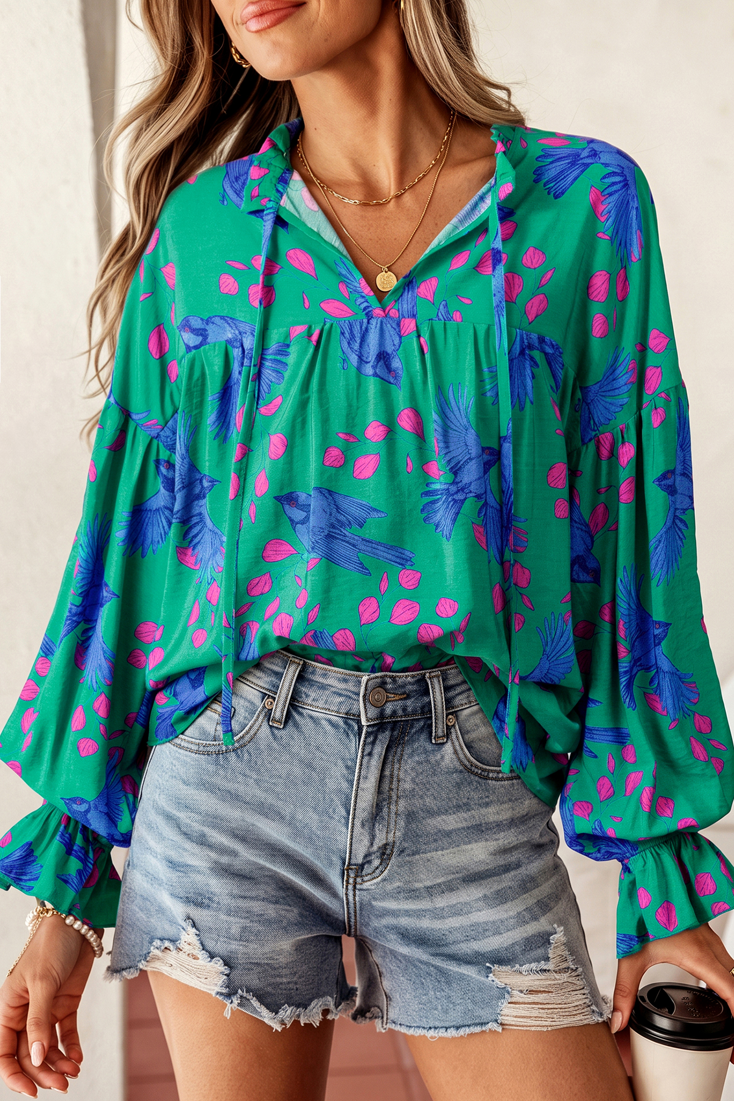 Women's Abstract Print Blouse, Country Style Puff Sleeve - Detail View 2 Women's Abstract Print Blouse, Country Style Puff Sleeve - Detail View 2