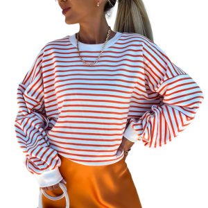 Women's Orange Stripe Drop Shoulder Crew Neck Loose Fit Sweatshirt - Main View