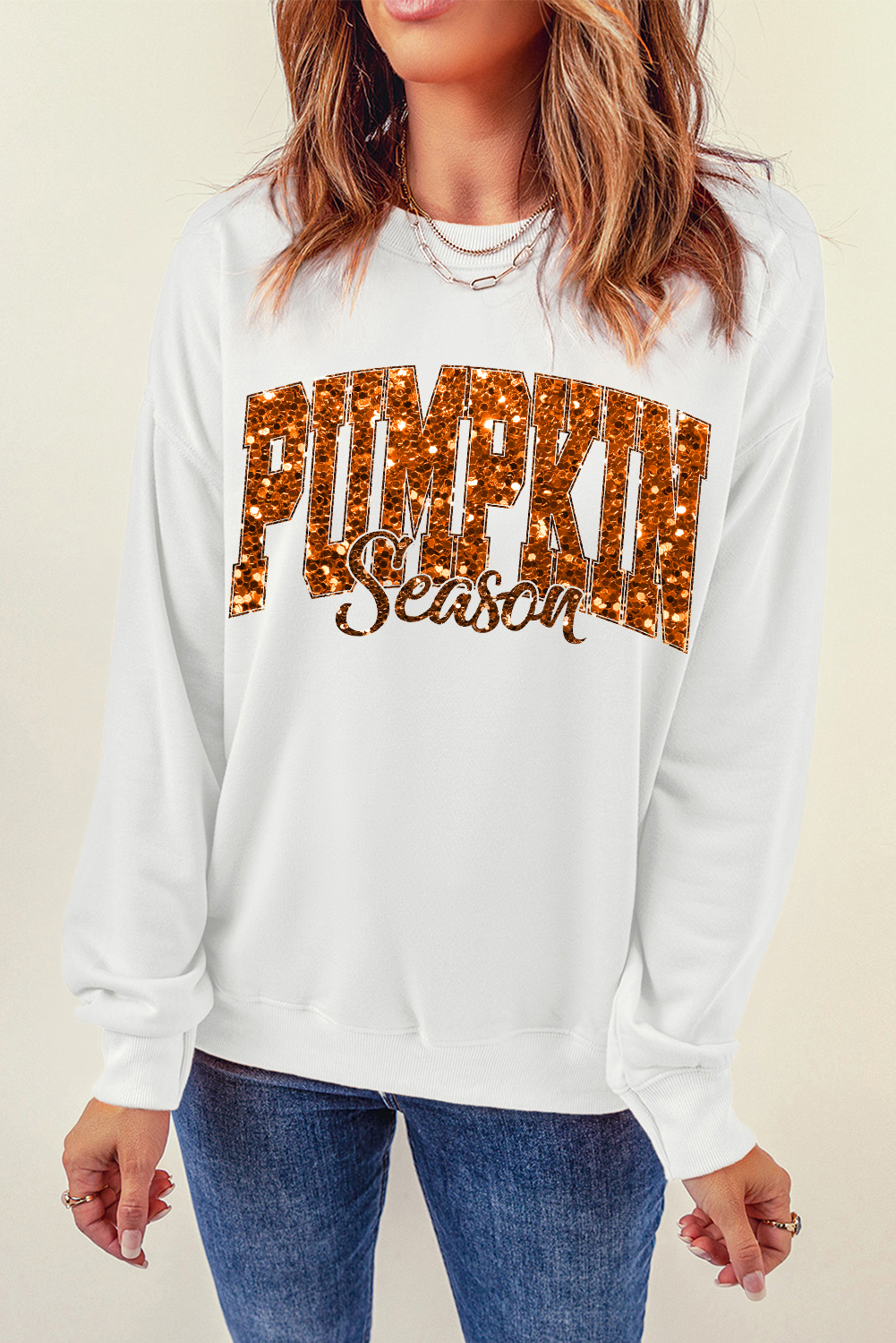 Casual Long Sleeve Beige Sweatshirt with Heat-Transfer Pumpkin Graphic for Fall - Detail View 6 Casual Long Sleeve Beige Sweatshirt with Heat-Transfer Pumpkin Graphic for Fall - Detail View 6