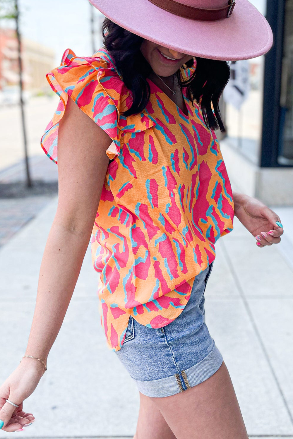 Stylish Geometric Patterned Blouse with Ruffle Sleeves - Orange - Detail View 2 Stylish Geometric Patterned Blouse with Ruffle Sleeves - Orange - Detail View 2