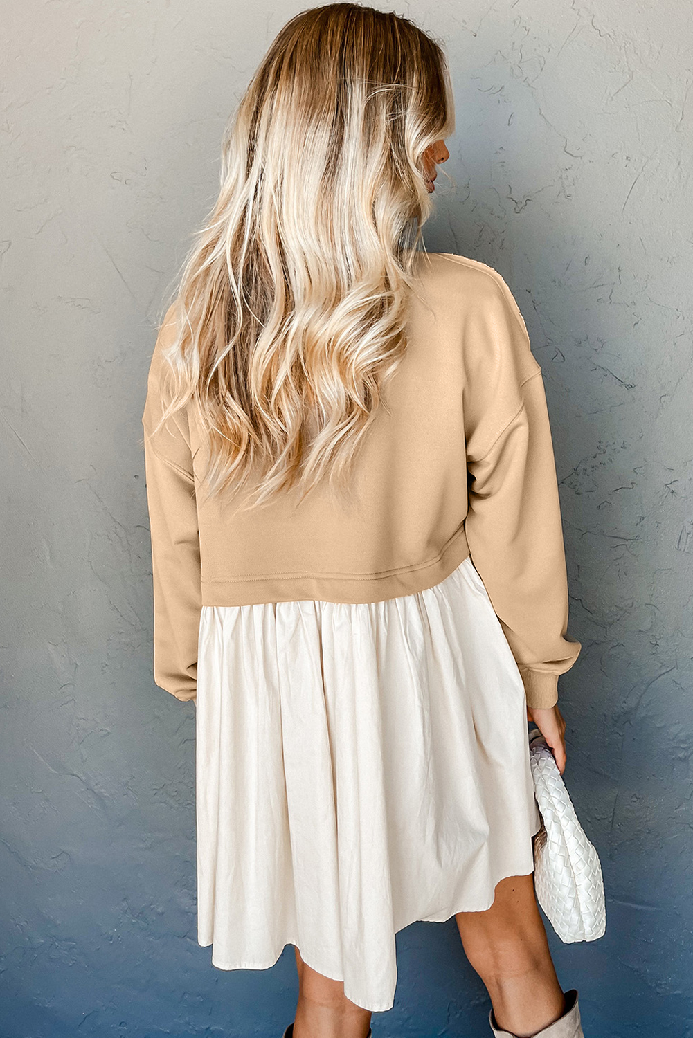 Women's Long Sleeve Mini Dress, Soft Khaki Casual Shift - Detail View 6 Women's Long Sleeve Mini Dress, Soft Khaki Casual Shift - Detail View 6