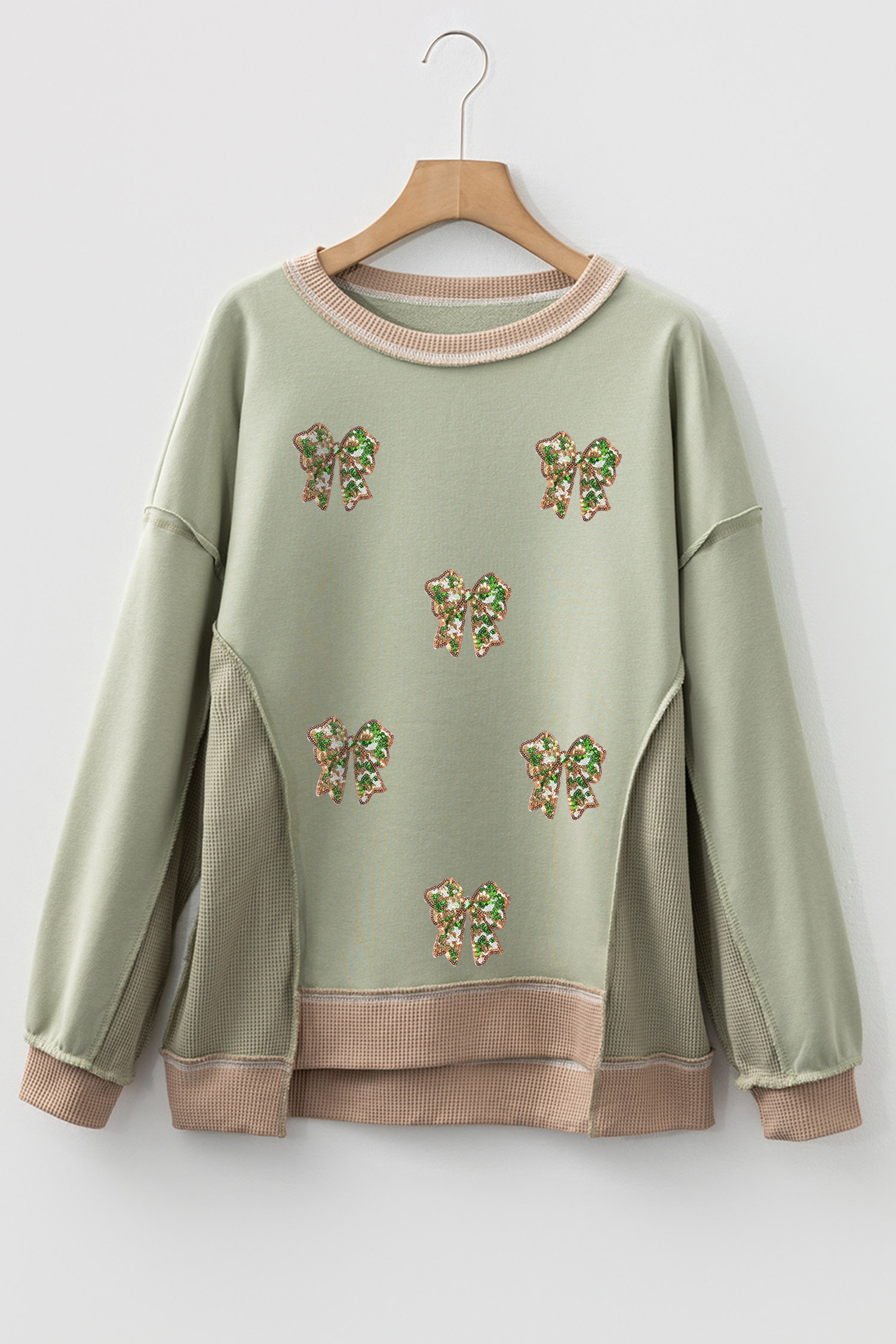 Waffle Knit Colorblock Sweatshirt, Women's Sequin Bow Detail - Detail View 5 Waffle Knit Colorblock Sweatshirt, Women's Sequin Bow Detail - Detail View 5
