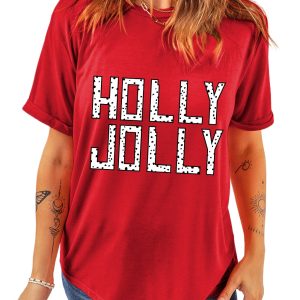 Women's Red HOLLY JOLLY Letter Graphic Round Neck T-Shirt for Holiday Cheer - Main View