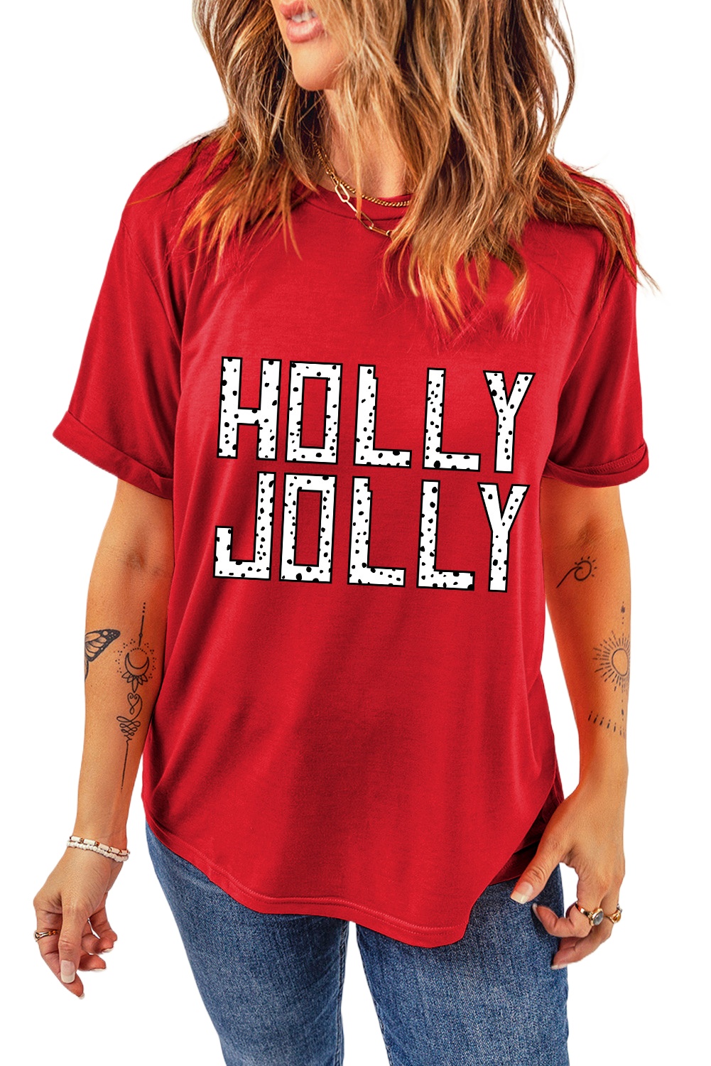 Women's Red HOLLY JOLLY Letter Graphic Round Neck T-Shirt for Holiday Cheer - Main View Women's Red HOLLY JOLLY Letter Graphic Round Neck T-Shirt for Holiday Cheer - Main View