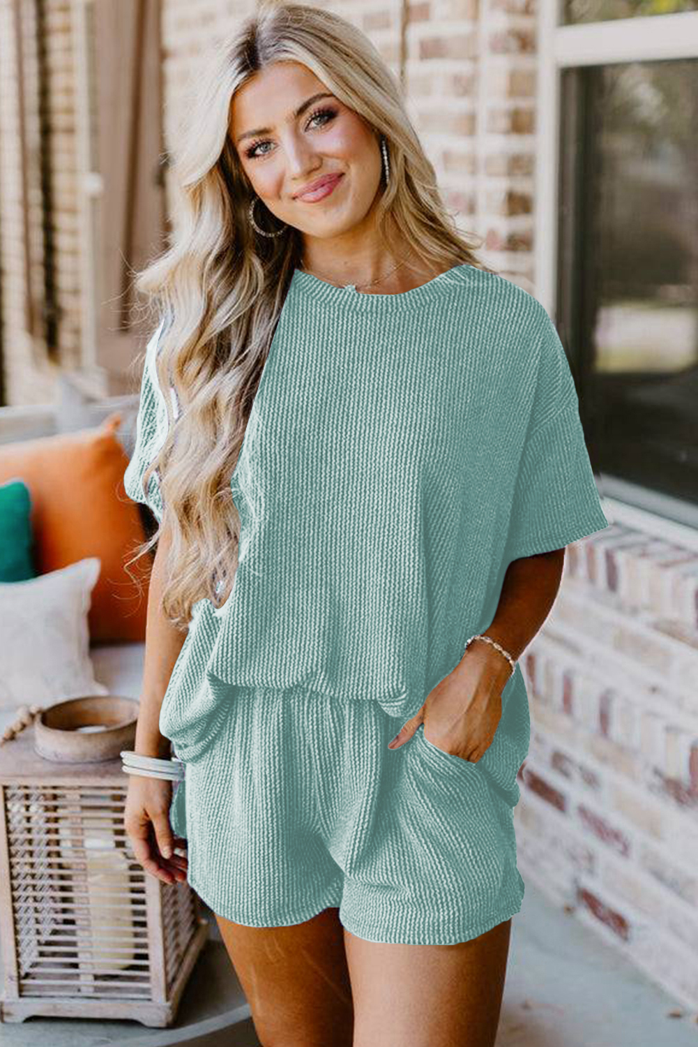Women's Casual Iceland Blue Textured Knit Two Piece Set: Tees and Shorts - Detail View 11 Women's Casual Iceland Blue Textured Knit Two Piece Set: Tees and Shorts - Detail View 11