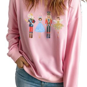 Women's Pink Christmas Nutcracker Fairy Graphic Pullover Sweatshirt - Main View