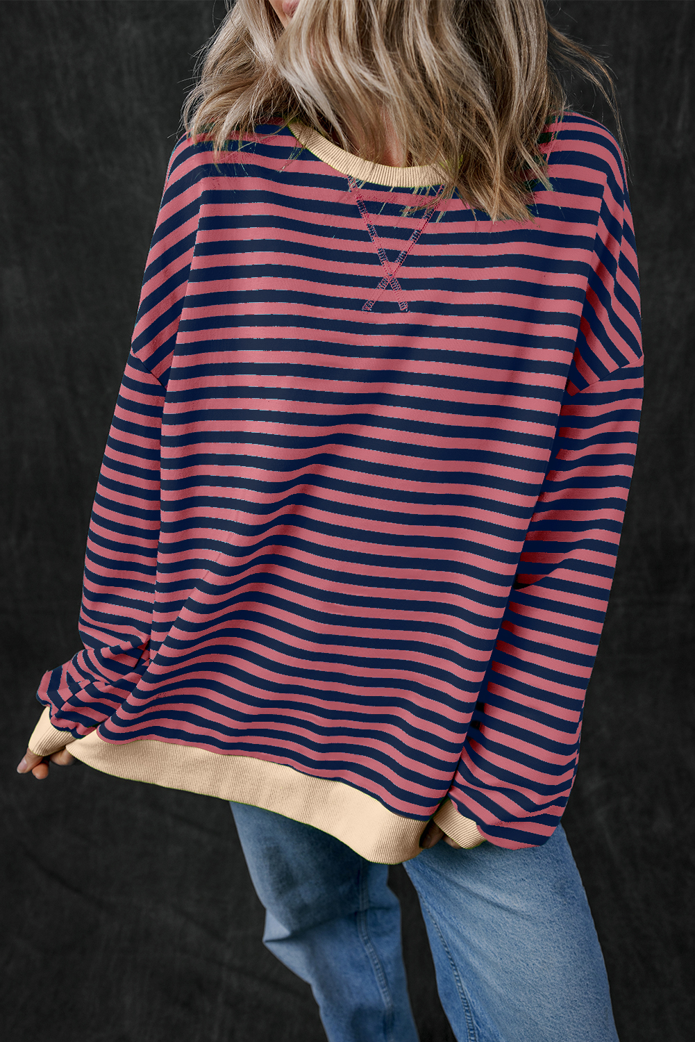 Casual Long Sleeve Sweatshirt: Red Stripe with Drop Shoulder Design - Detail View 2 Casual Long Sleeve Sweatshirt: Red Stripe with Drop Shoulder Design - Detail View 2