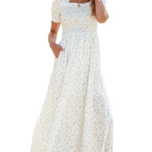 Women's Floral Maxi Dress, Smocked Bodice Summer Casual - Main View