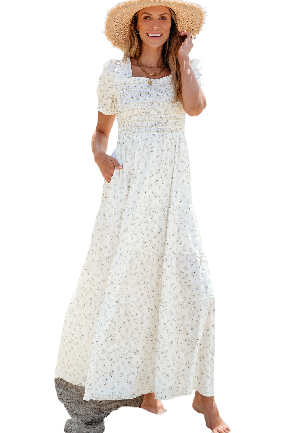 Women's Floral Maxi Dress, Smocked Bodice Summer Casual - Main View Women's Floral Maxi Dress, Smocked Bodice Summer Casual - Main View