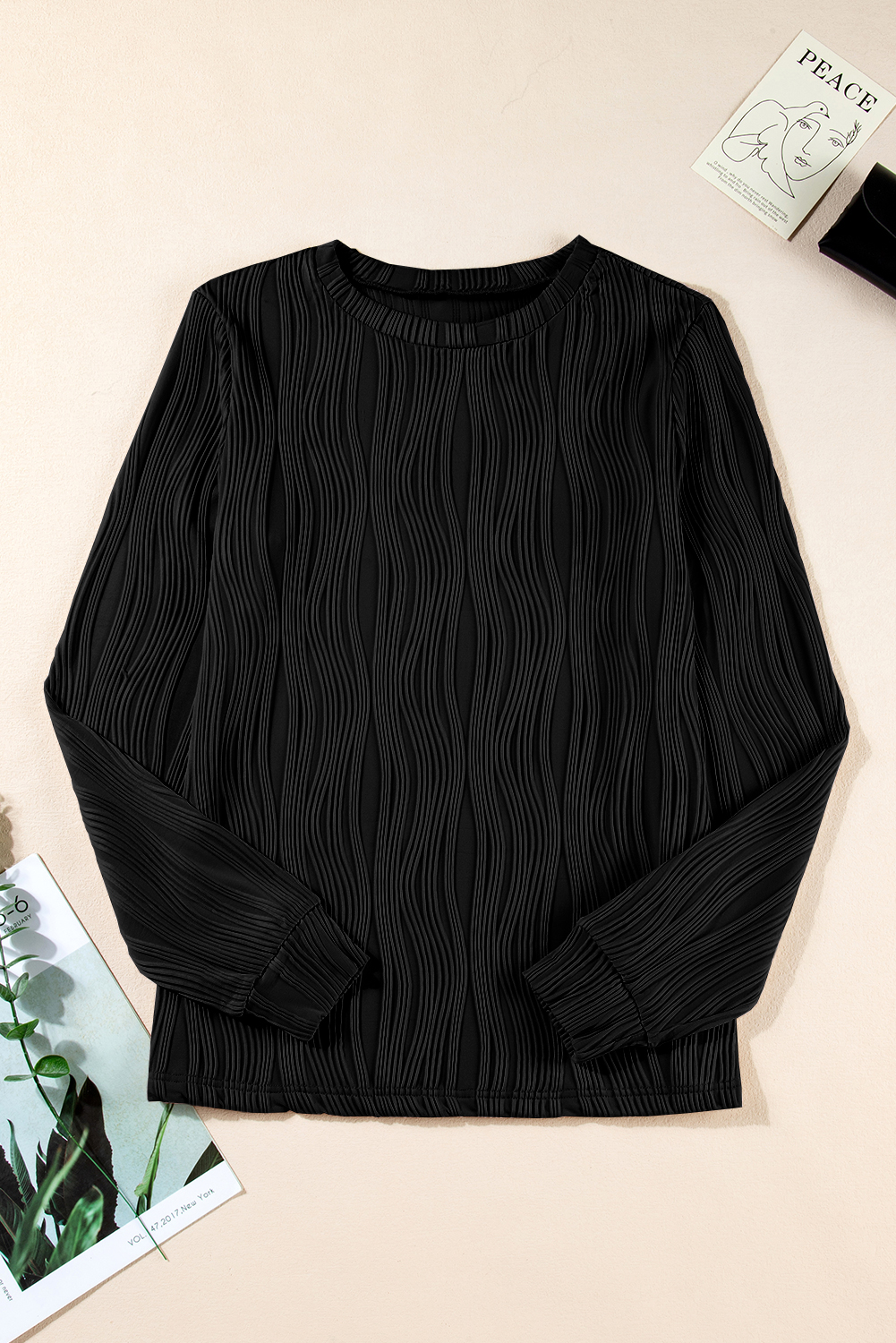Women's Black Textured Wavy Round Neck Long Sleeve Top - Detail View 6 Women's Black Textured Wavy Round Neck Long Sleeve Top - Detail View 6