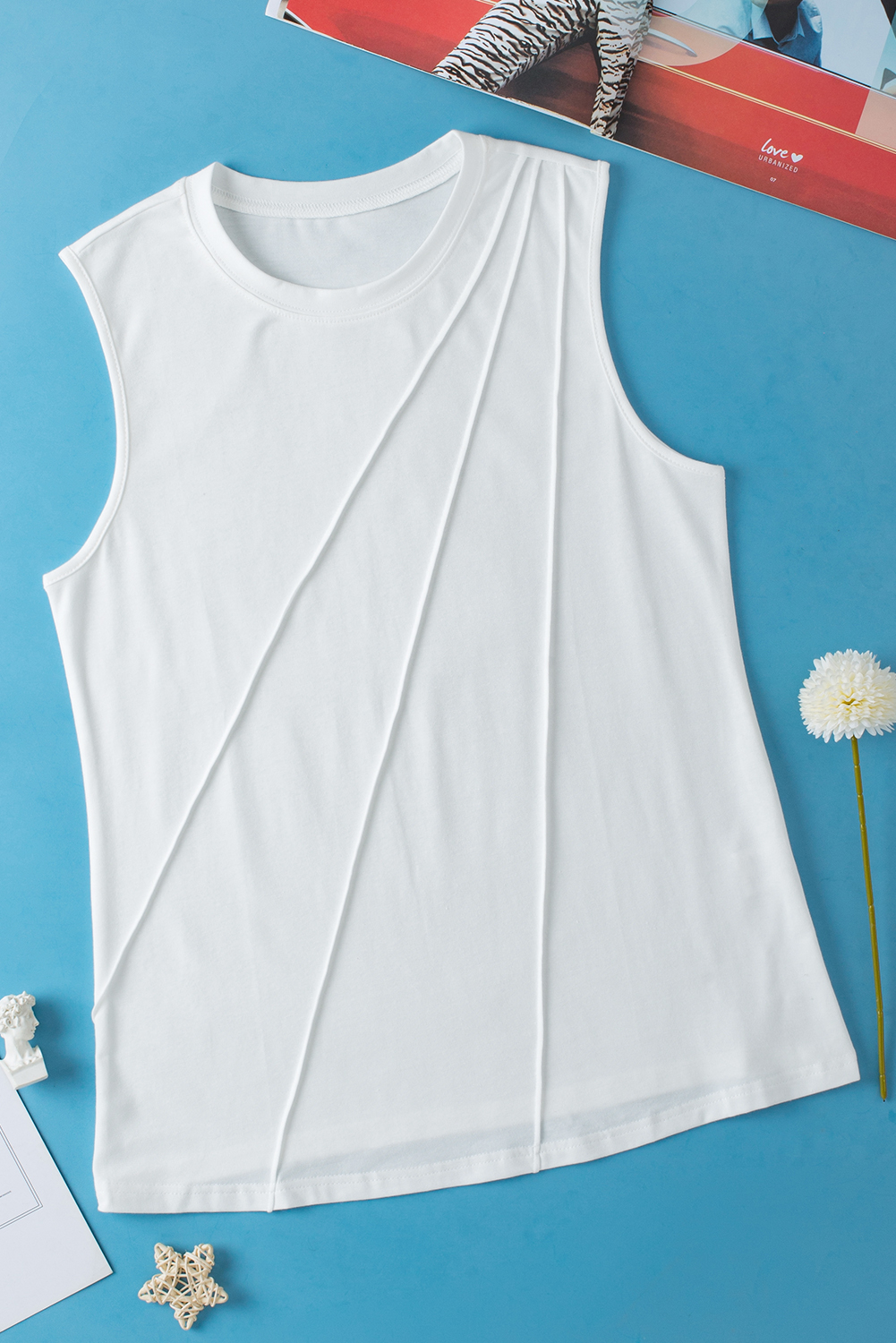 Women's White Pleated Sleeveless Crew Neck Tank Top - Detail View 6 Women's White Pleated Sleeveless Crew Neck Tank Top - Detail View 6