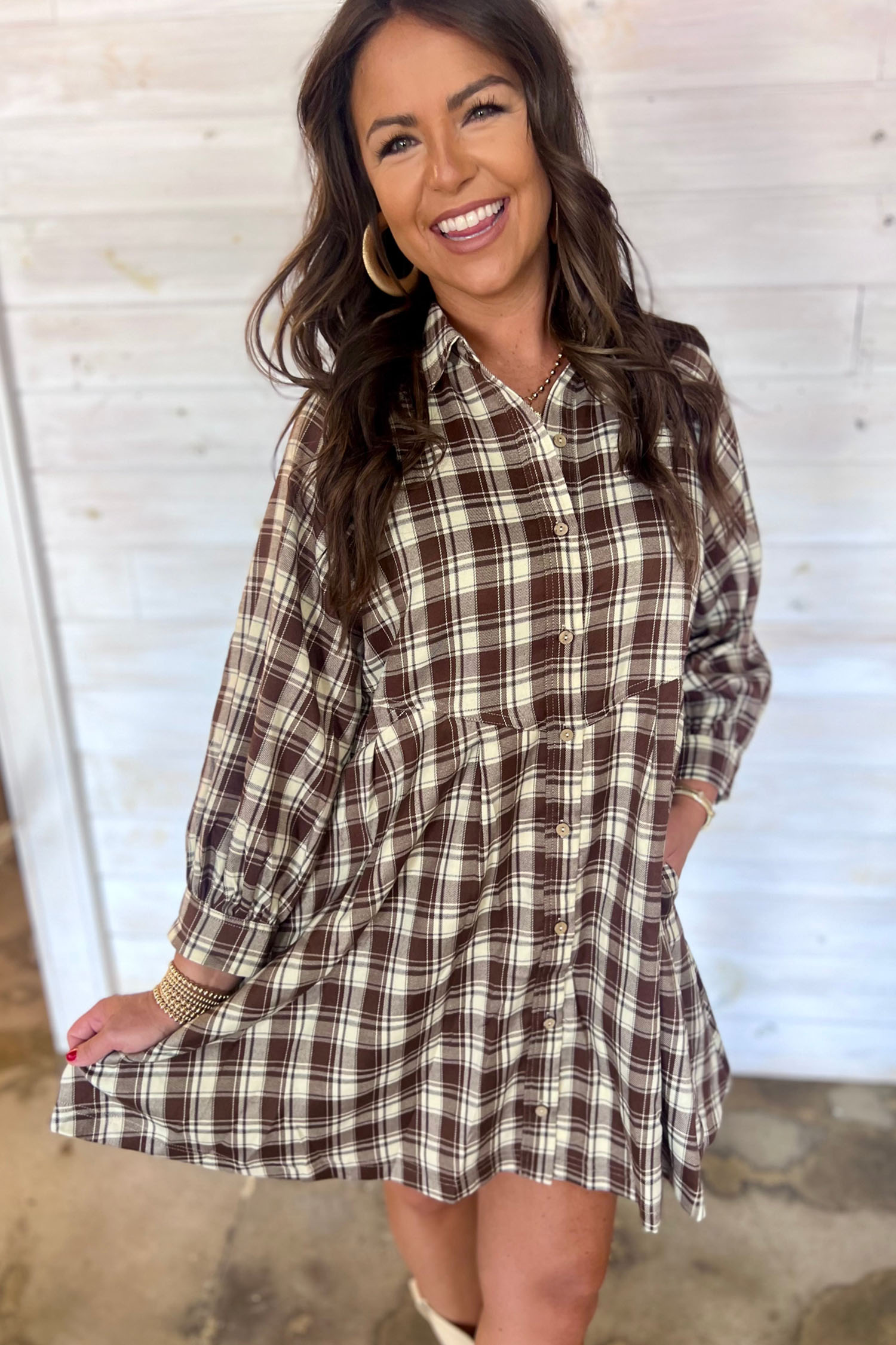 Women's Cotton Plaid Dress, Soft Long Sleeve Shift - Detail View 3 Women's Cotton Plaid Dress, Soft Long Sleeve Shift - Detail View 3