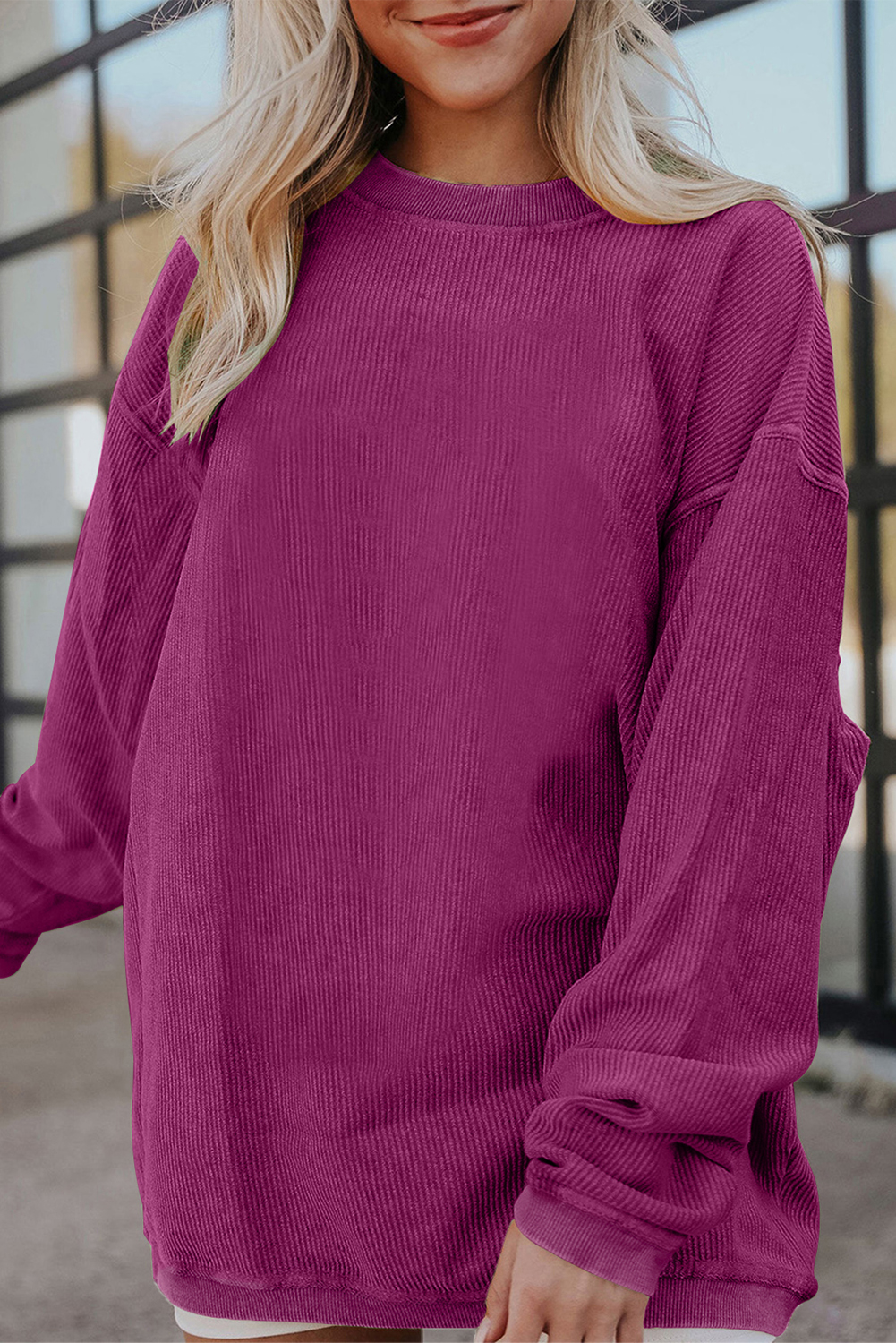 Casual Solid Color Sweatshirt: Festival Fuchsia Corduroy Fabric - Detail View 2 Casual Solid Color Sweatshirt: Festival Fuchsia Corduroy Fabric - Detail View 2