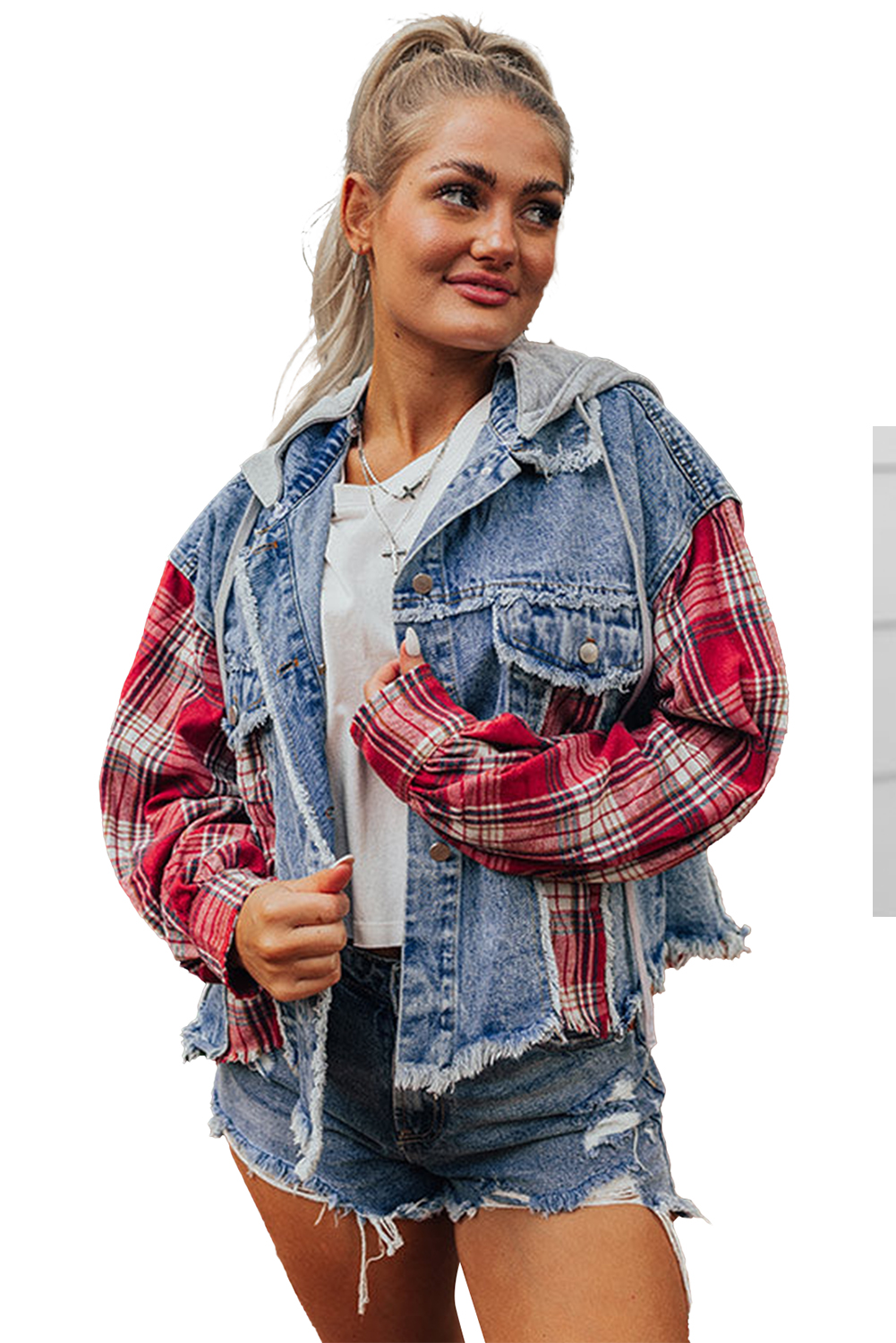 Make a unique fashion statement with this Women's Beau Blue Plaid Patchwork Hooded Raw Hem Denim Jacket. Embrace a trendy and casual style with the plaid patchwork design that adds a touch of creativity to your outfit. The distressed raw hem details create a vintage look, exuding a laid-back and fashionable vibe. This hooded denim jacket, made from a premium blend of 83% cotton and 17% polyester, ensures both style and durability. Perfect for daily wear, this jacket pairs effortlessly with a t-shirt and jeans for a relaxed and stylish ensemble. Stand out from the crowd with this fashionable denim jacket that combines comfort and style in one versatile piece. - Detail View 19 Make a unique fashion statement with this Women's Beau Blue Plaid Patchwork Hooded Raw Hem Denim Jacket. Embrace a trendy and casual style with the plaid patchwork design that adds a touch of creativity to your outfit. The distressed raw hem details create a vintage look, exuding a laid-back and fashionable vibe. This hooded denim jacket, made from a premium blend of 83% cotton and 17% polyester, ensures both style and durability. Perfect for daily wear, this jacket pairs effortlessly with a t-shirt and jeans for a relaxed and stylish ensemble. Stand out from the crowd with this fashionable denim jacket that combines comfort and style in one versatile piece. - Detail View 19
