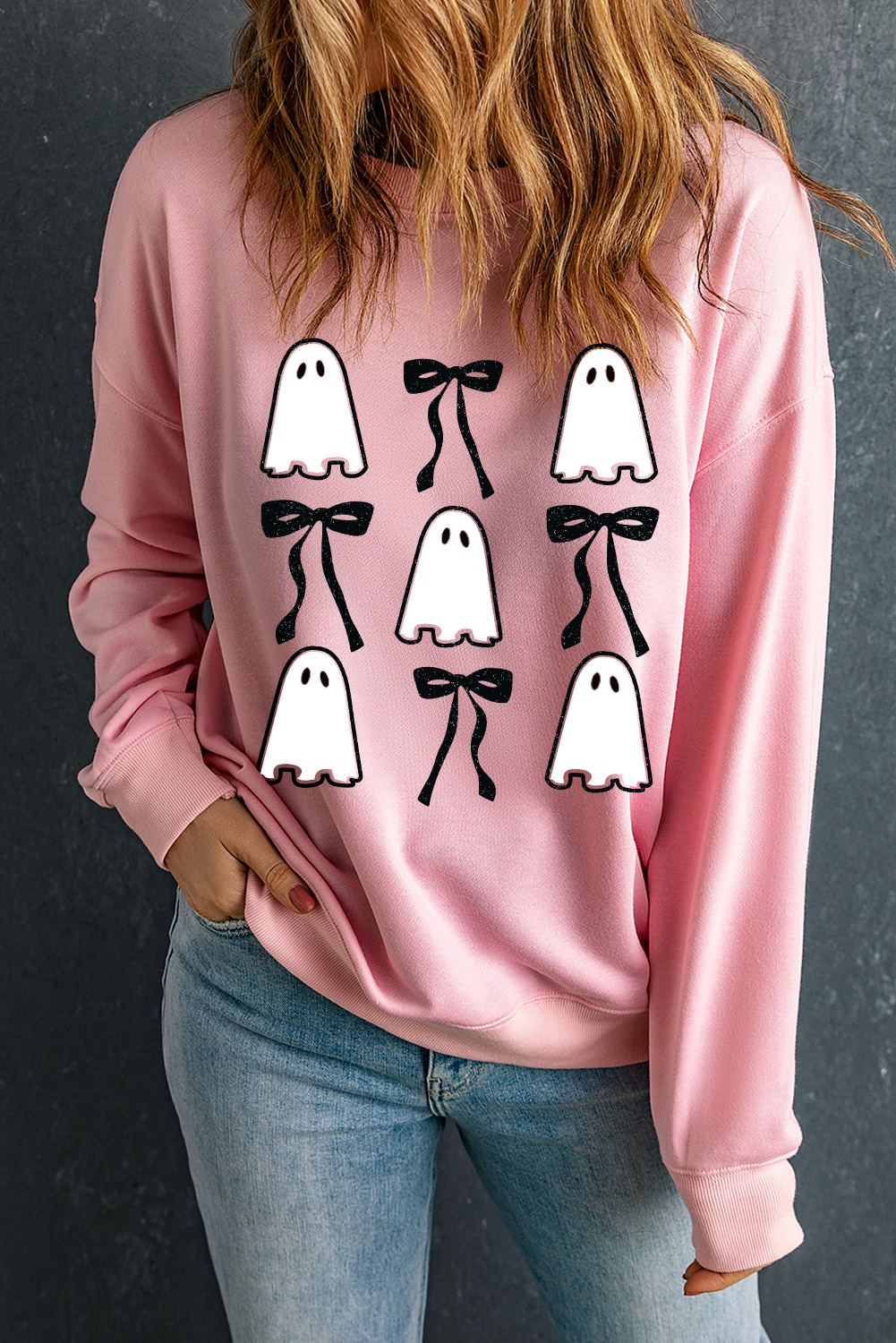 Women's Sweatshirt, Pink, Ghost, Bowknot, Drop Shoulder, Crew Neck, Casual, Halloween, Themed Party, Graphic, Long Sleeve, Relax Fit, Winter Season, Style, Cute, Chic, Fashion - Detail View 4 Women's Sweatshirt, Pink, Ghost, Bowknot, Drop Shoulder, Crew Neck, Casual, Halloween, Themed Party, Graphic, Long Sleeve, Relax Fit, Winter Season, Style, Cute, Chic, Fashion - Detail View 4