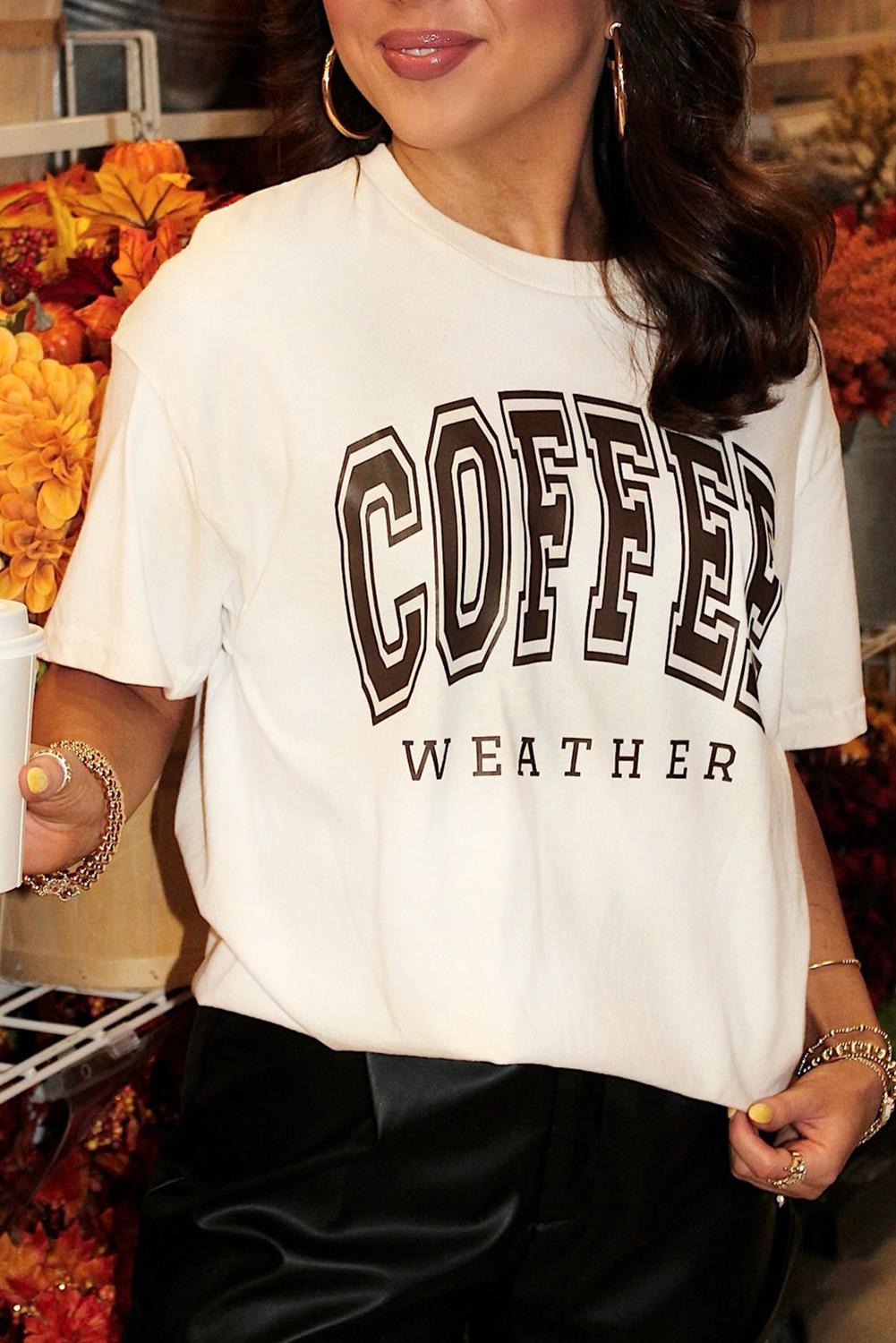 Trendy and Comfortable Women's Graphic Tee - COFFEE WEATHER Design - Detail View 2 Trendy and Comfortable Women's Graphic Tee - COFFEE WEATHER Design - Detail View 2