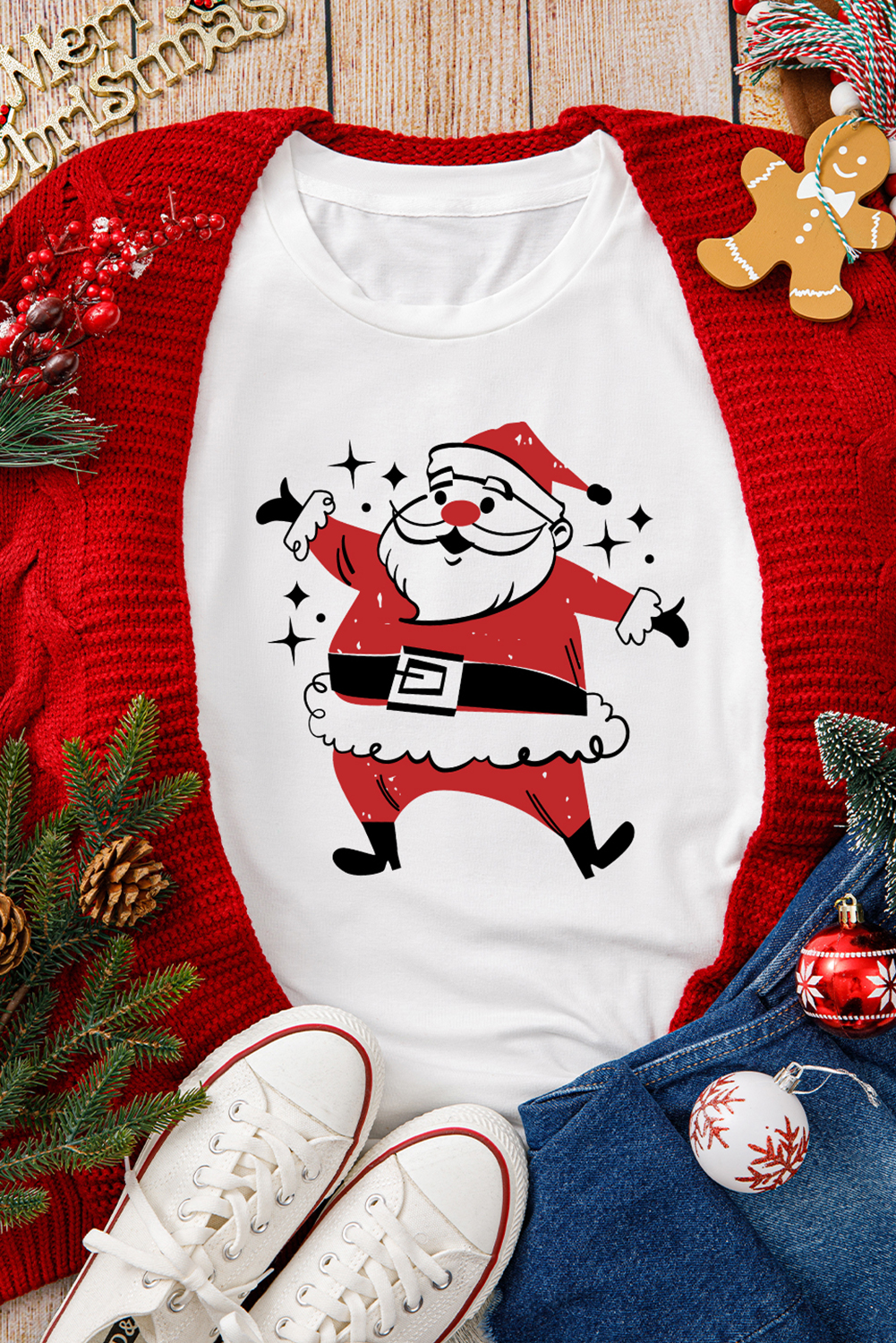 Festive Graphic Tee: Cute Father Christmas Print on Comfortable Crew Neck T-Shirt - Detail View 2 Festive Graphic Tee: Cute Father Christmas Print on Comfortable Crew Neck T-Shirt - Detail View 2