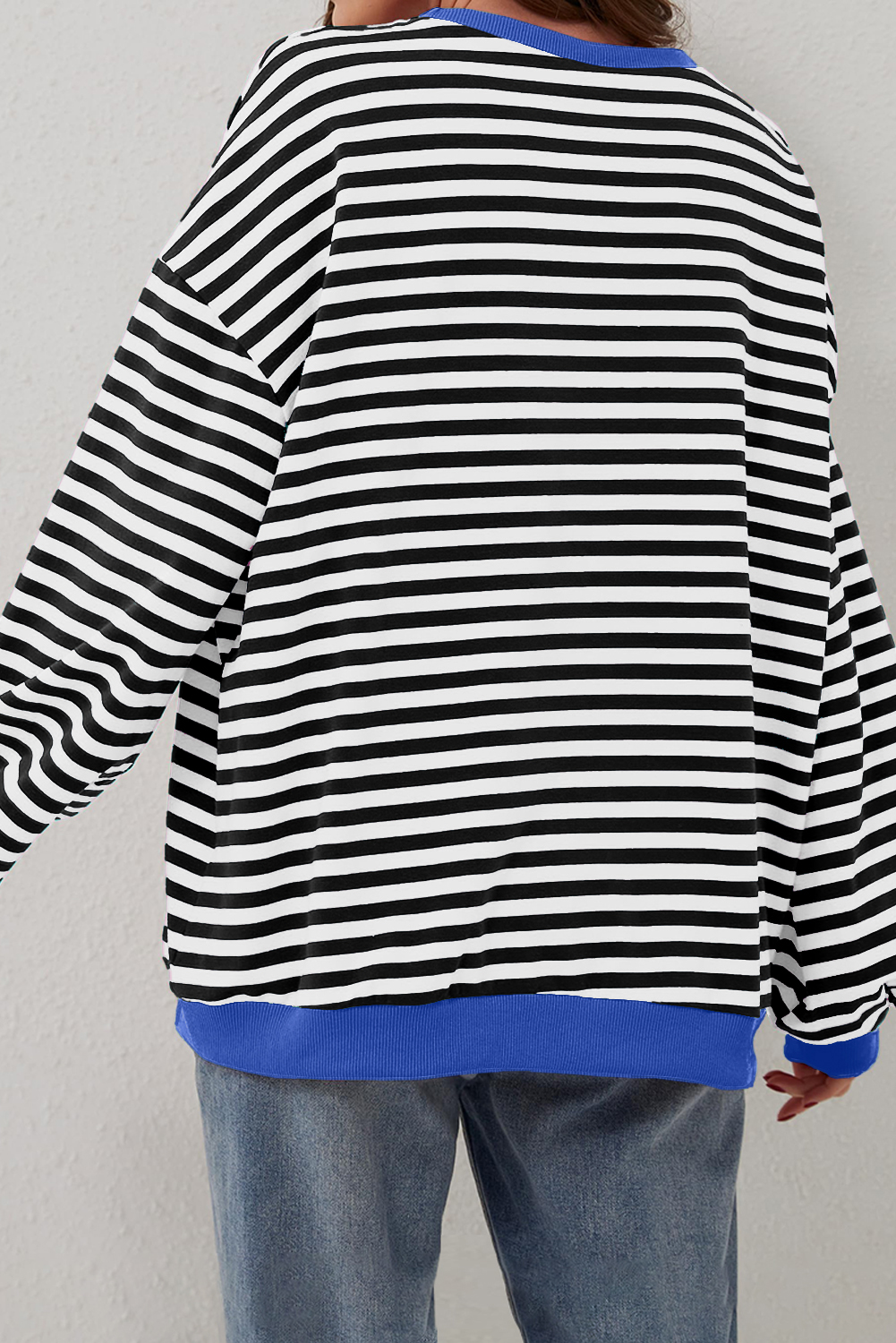 Women's Black Stripe Oversized Pullover Sweatshirt with Contrast Trim - Detail View 6 Women's Black Stripe Oversized Pullover Sweatshirt with Contrast Trim - Detail View 6
