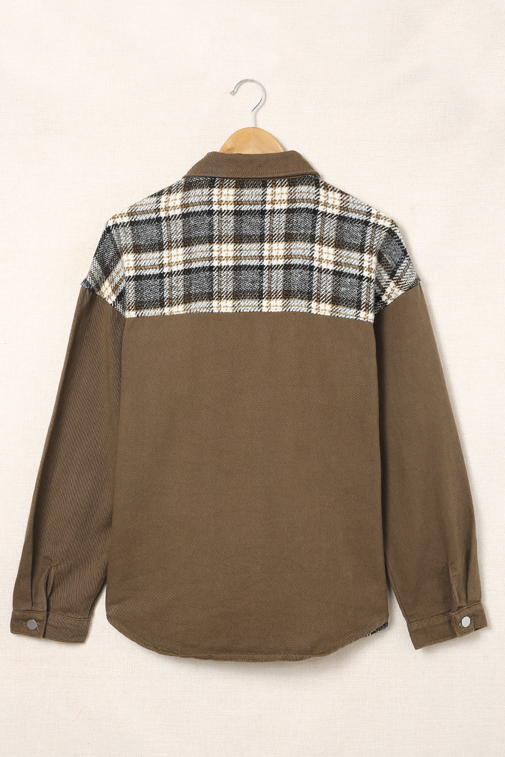 Women's Brown Plaid Denim Jacket, Chic Patchwork Shacket - Detail View 7 Women's Brown Plaid Denim Jacket, Chic Patchwork Shacket - Detail View 7