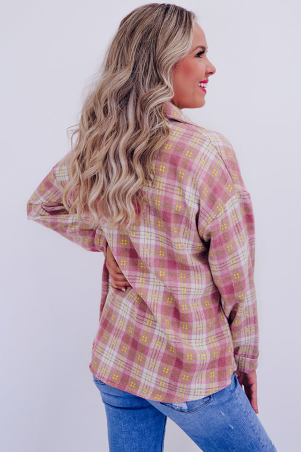 Versatile Women's Casual Shacket - Pink Plaid Print, Long Sleeve - Detail View 3 Versatile Women's Casual Shacket - Pink Plaid Print, Long Sleeve - Detail View 3