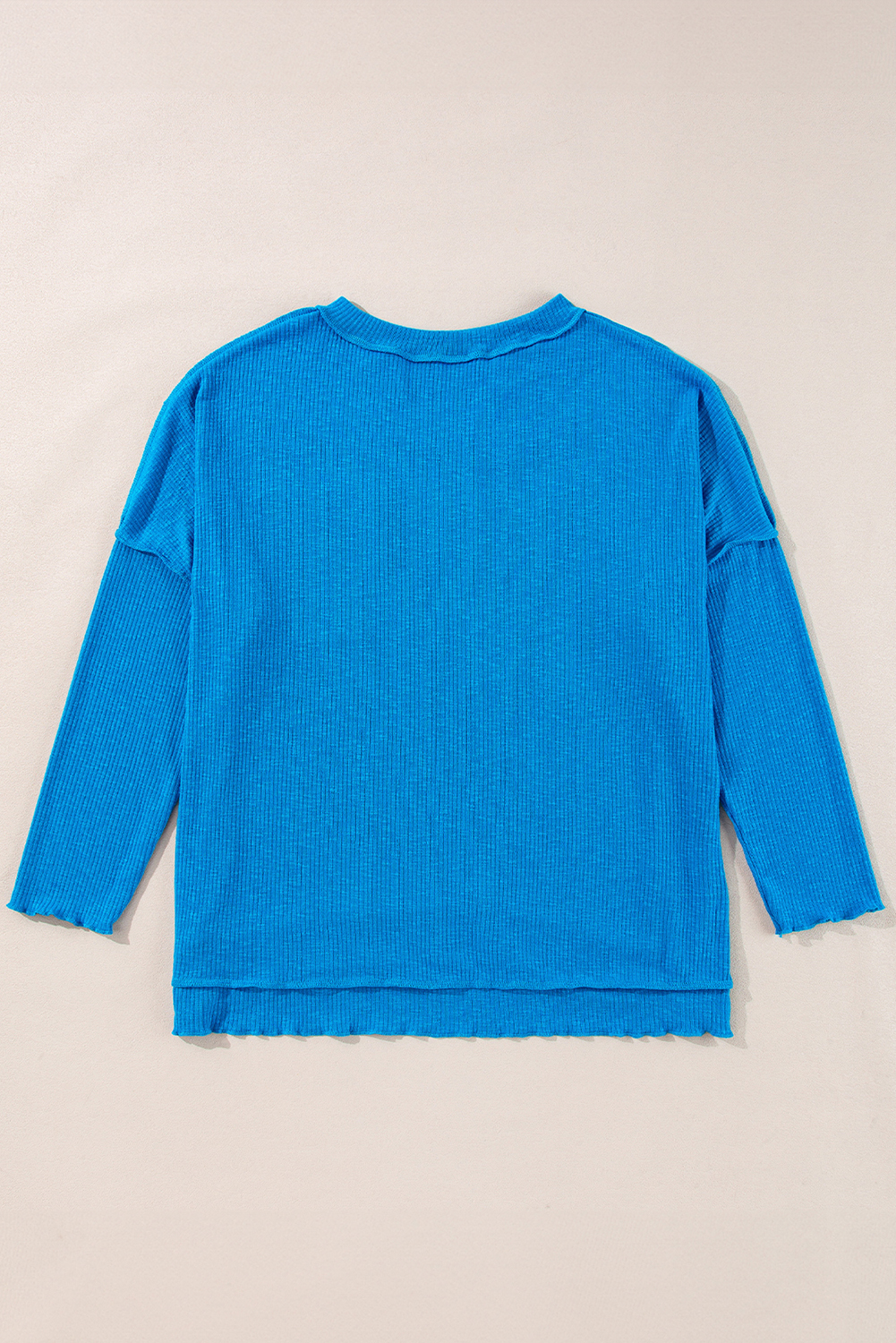 Women's Long Sleeve Top, Blue Ribbed Top, Exposed Seam, V Neck, Casual Style, Comfortable Fit, Daily Wear, Fall Fashion, Solid Color, Trendy Design, Relaxed Look, Tops, Long Sleeve Tops - Detail View 4 Women's Long Sleeve Top, Blue Ribbed Top, Exposed Seam, V Neck, Casual Style, Comfortable Fit, Daily Wear, Fall Fashion, Solid Color, Trendy Design, Relaxed Look, Tops, Long Sleeve Tops - Detail View 4