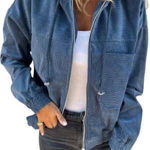 Women's Real Teal Corduroy Hooded Zip-Up Jacket - Main View