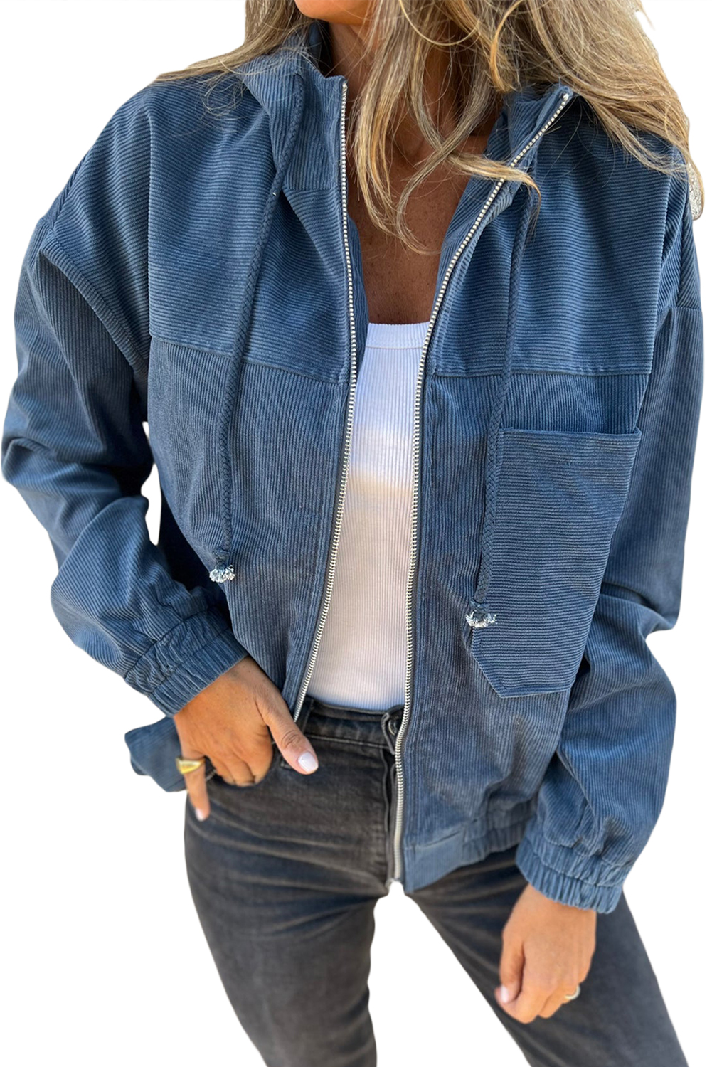Women's Real Teal Corduroy Hooded Zip-Up Jacket - Main View Women's Real Teal Corduroy Hooded Zip-Up Jacket - Main View