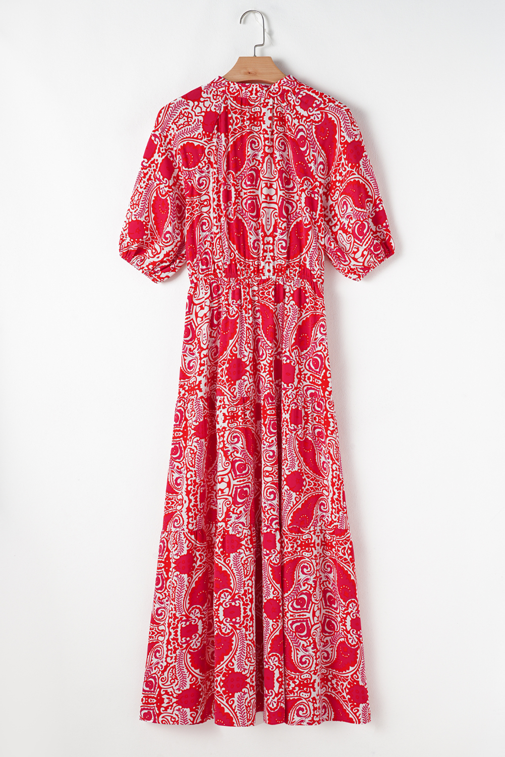 Women's Maxi Dress, Red Dress, Paisley Print, Puff Sleeve, High Waist, Side Slit, V Neck, Bohemian Style, Vintage Vibes, Summer Dress, Casual Wear, Vacation Outfit, A-Line Silhouette, Elegant, Stylish Dress - Detail View 8 Women's Maxi Dress, Red Dress, Paisley Print, Puff Sleeve, High Waist, Side Slit, V Neck, Bohemian Style, Vintage Vibes, Summer Dress, Casual Wear, Vacation Outfit, A-Line Silhouette, Elegant, Stylish Dress - Detail View 8