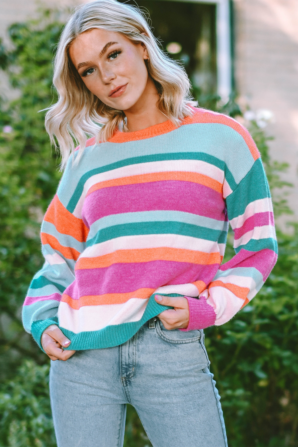 Multicolor Puff Sleeve Sweater, Casual Round Neck Knit Top - Detail View 2 Multicolor Puff Sleeve Sweater, Casual Round Neck Knit Top - Detail View 2