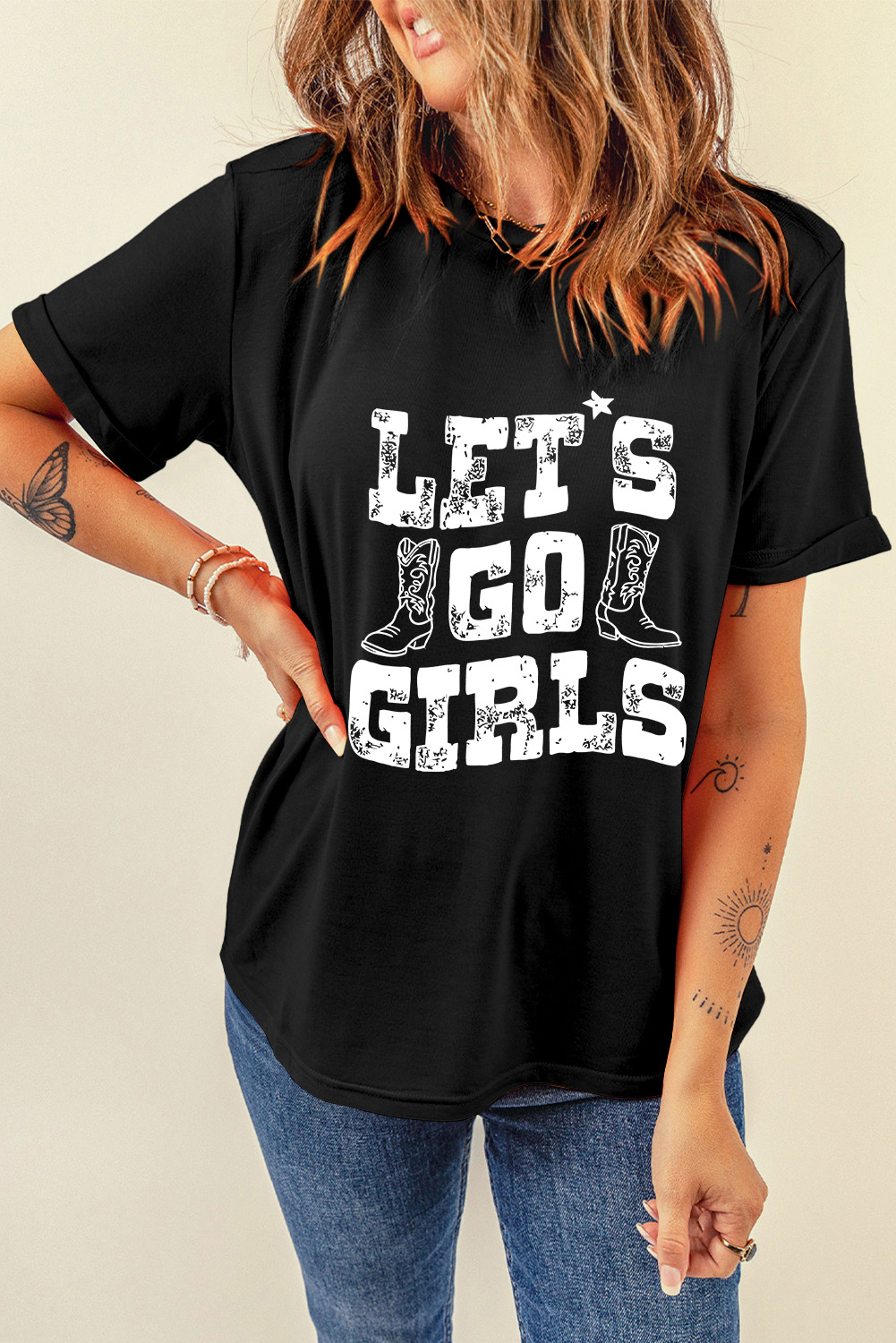 Women's 'LETs Go Girls' Black Crew Neck Graphic T Shirt - Detail View 6 Women's 'LETs Go Girls' Black Crew Neck Graphic T Shirt - Detail View 6