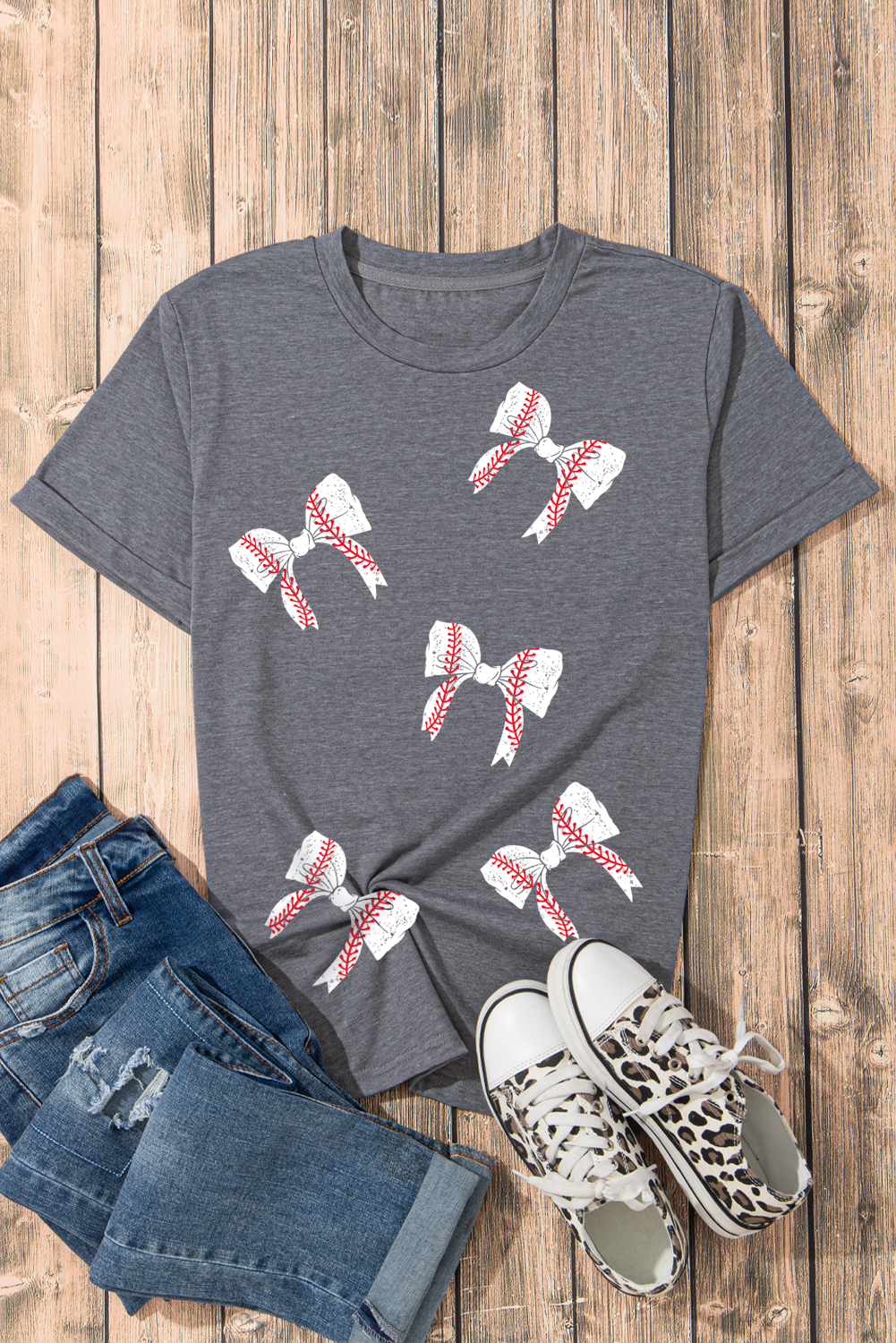 Chic and Sporty Graphic Tee: Gray Bow Knot Print, Short Sleeve - Detail View 7 Chic and Sporty Graphic Tee: Gray Bow Knot Print, Short Sleeve - Detail View 7