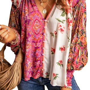 Women's Floral Patchwork Blouse, Casual Bohemian V Neck Top - Main View