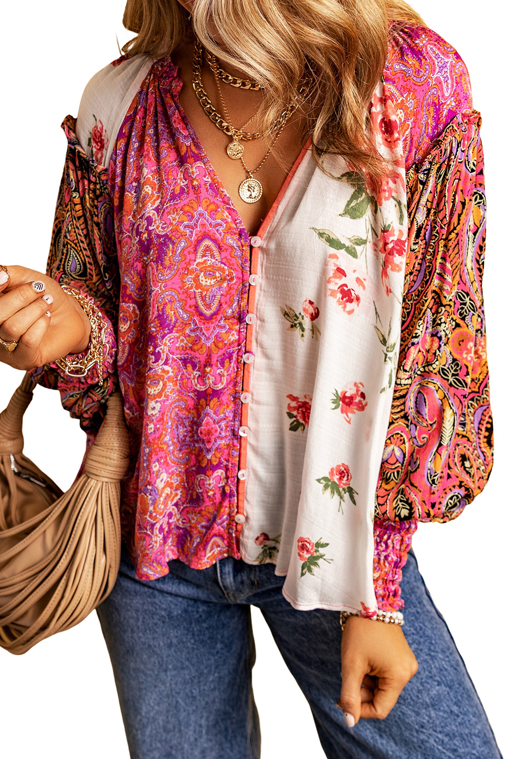 Women's Floral Patchwork Blouse, Casual Bohemian V Neck Top - Main View Women's Floral Patchwork Blouse, Casual Bohemian V Neck Top - Main View
